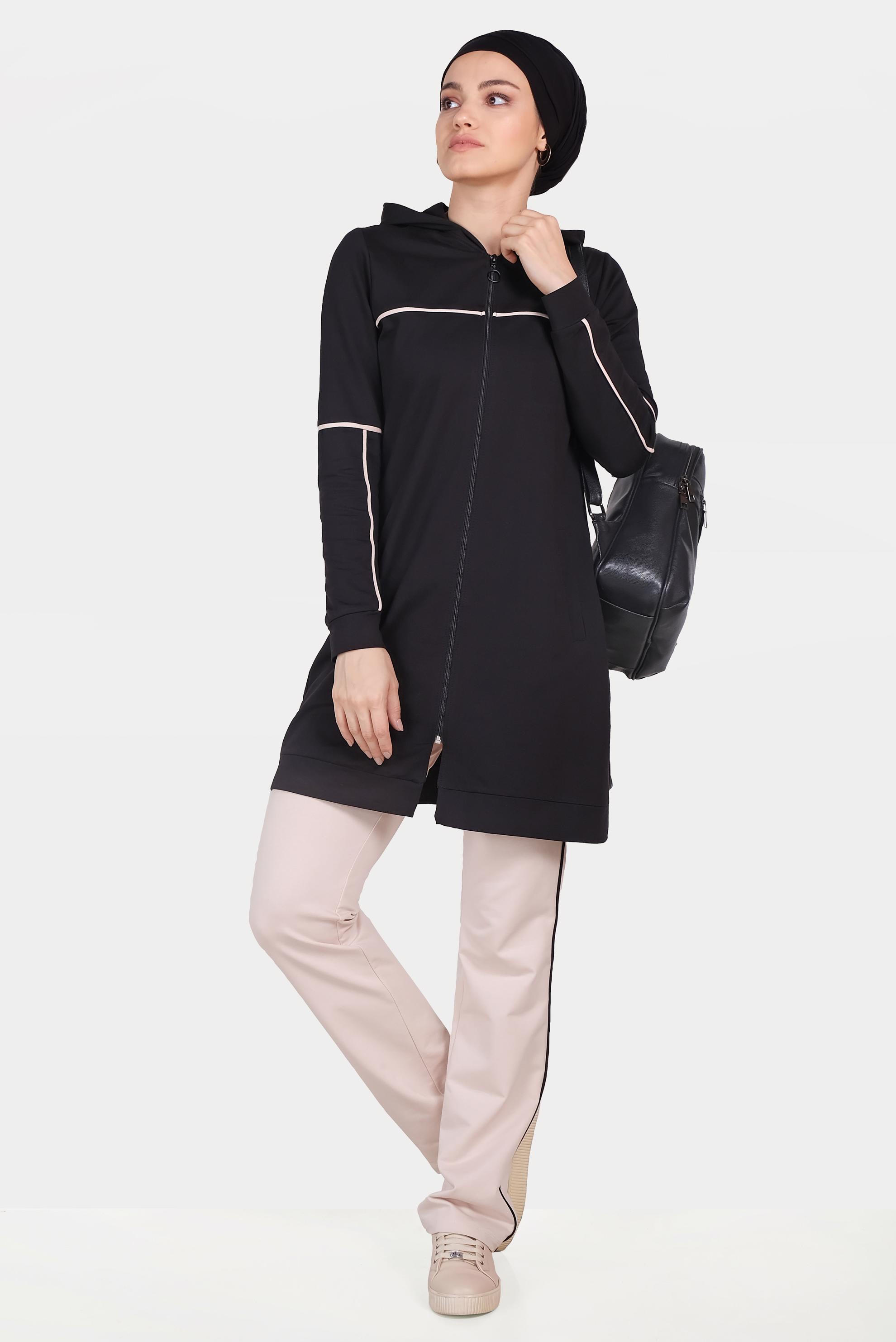 Tesettür giyim SİYAH ŞERİTLİ KAPÜŞONLU EŞOFMAN TAKIMI 40555