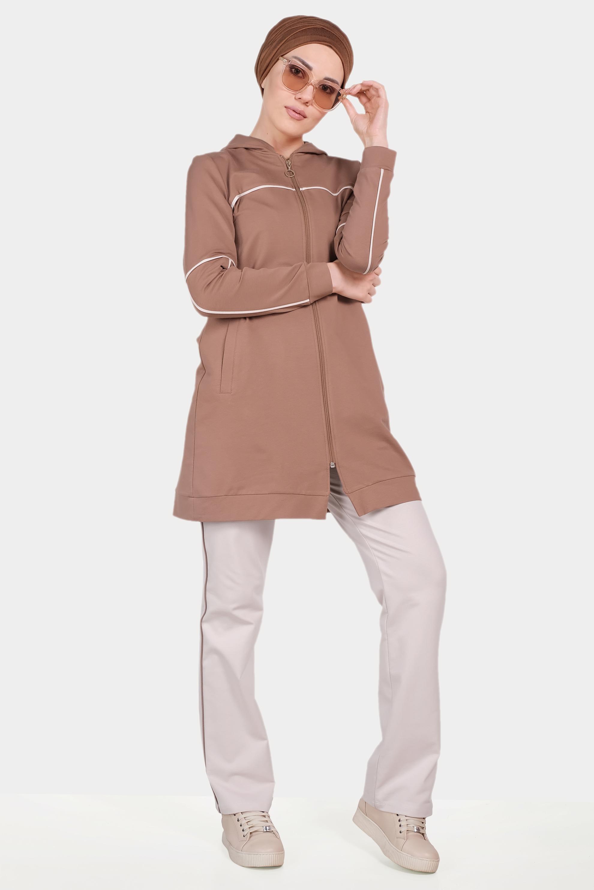 Tesettür giyim KAHVE ŞERİTLİ KAPÜŞONLU EŞOFMAN TAKIMI 40555