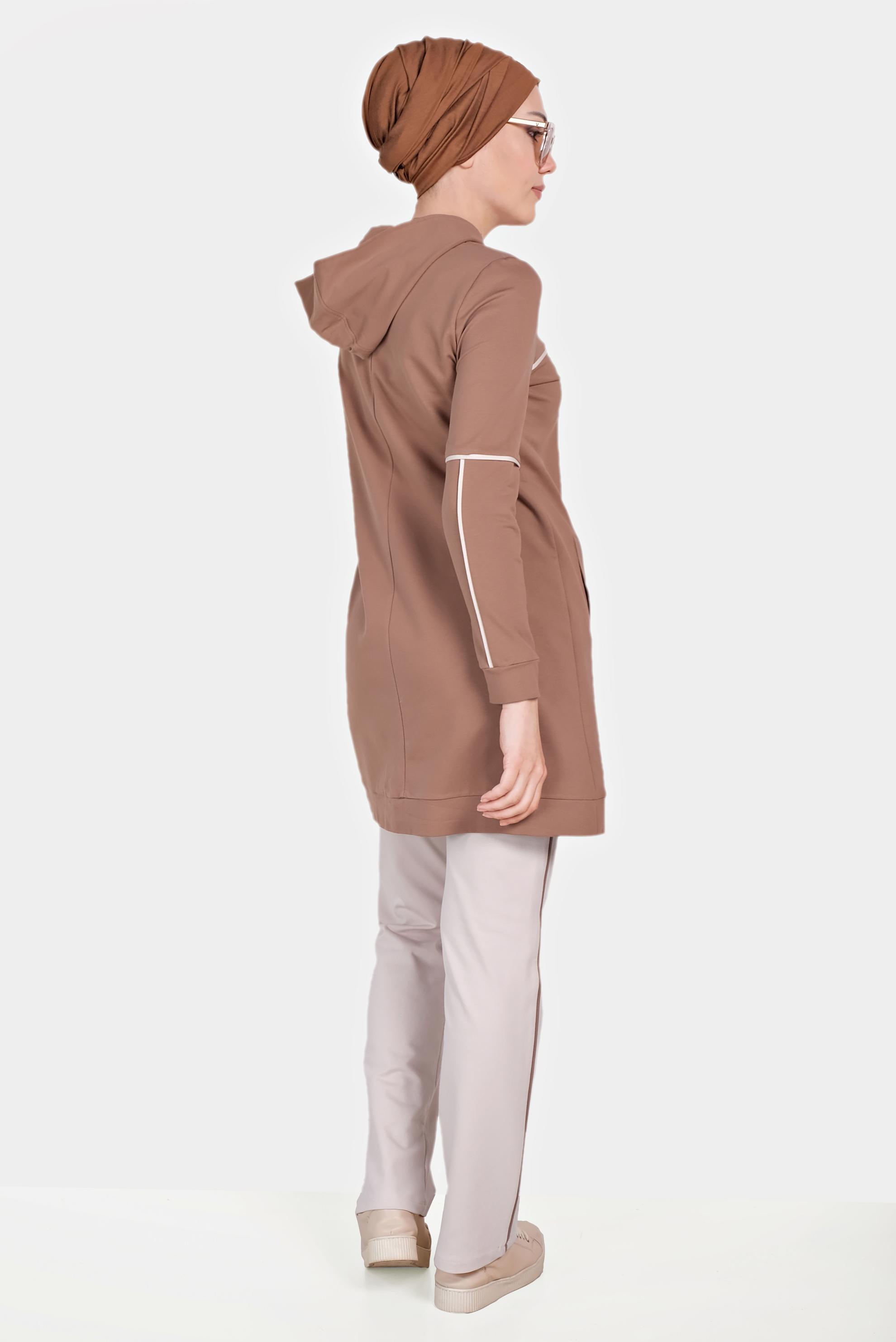 Tesettür giyim KAHVE ŞERİTLİ KAPÜŞONLU EŞOFMAN TAKIMI 40555