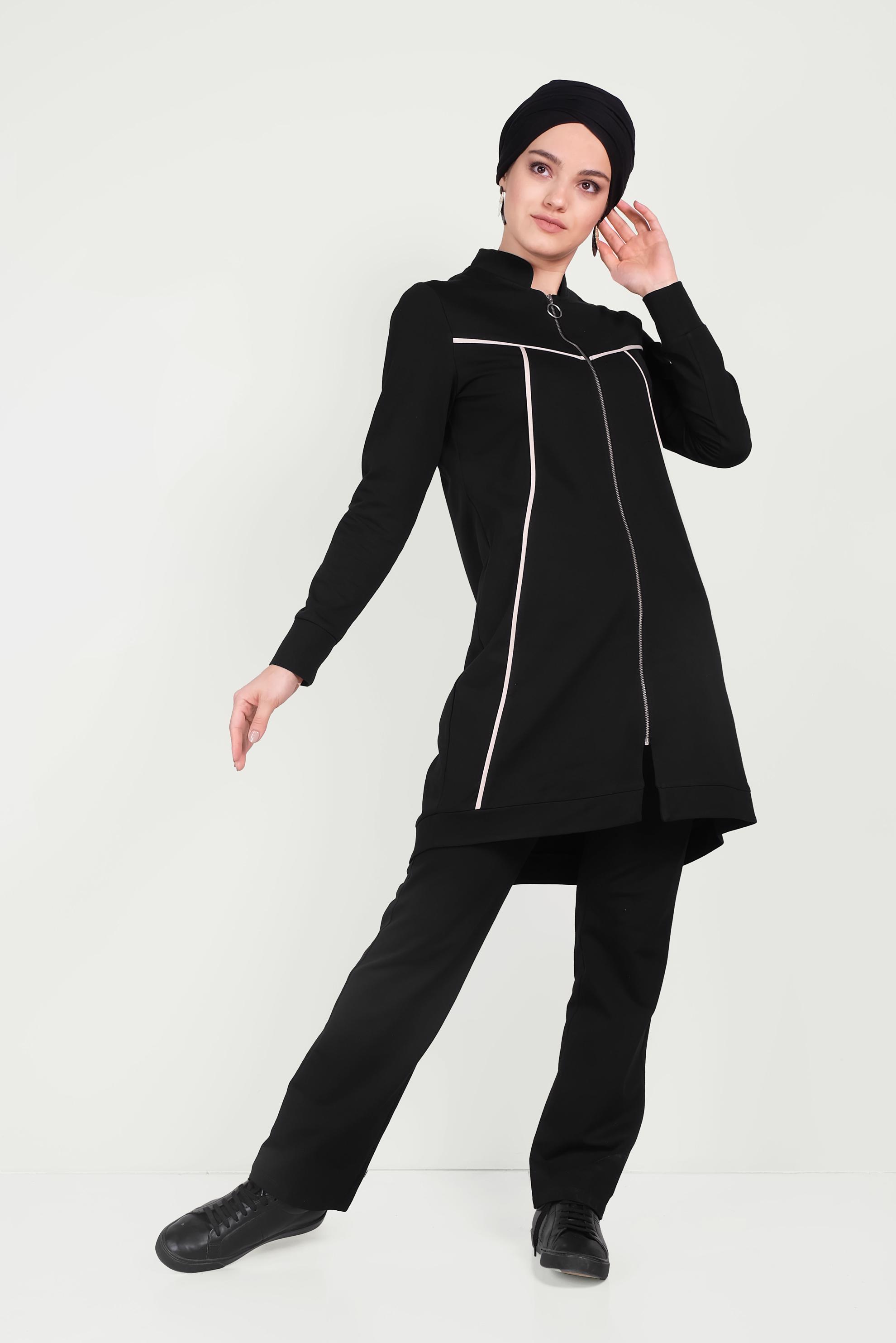 Tesettür giyim SİYAH HAKİM YAKA FERMUARLI EŞOFMAN TAKIMI 40556