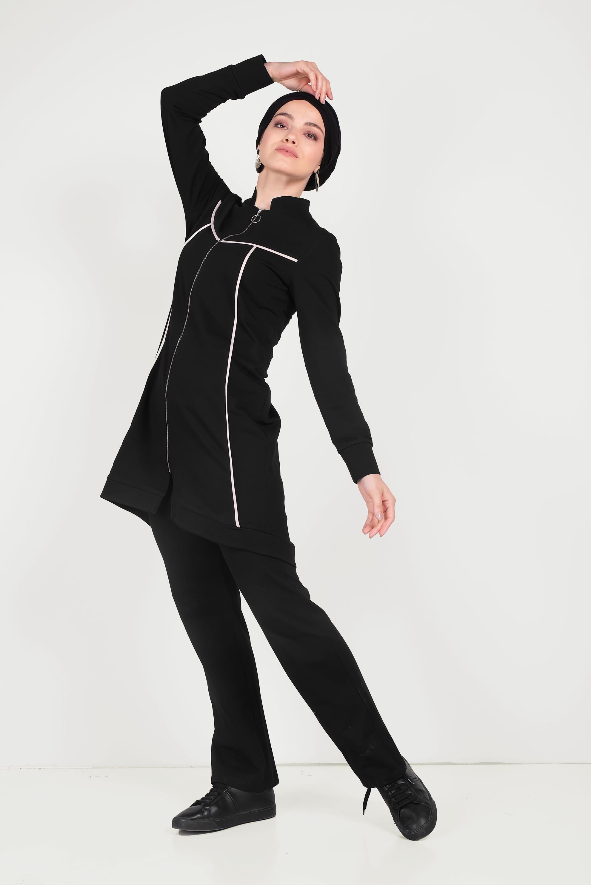 Tesettür giyim SİYAH HAKİM YAKA FERMUARLI EŞOFMAN TAKIMI 40556