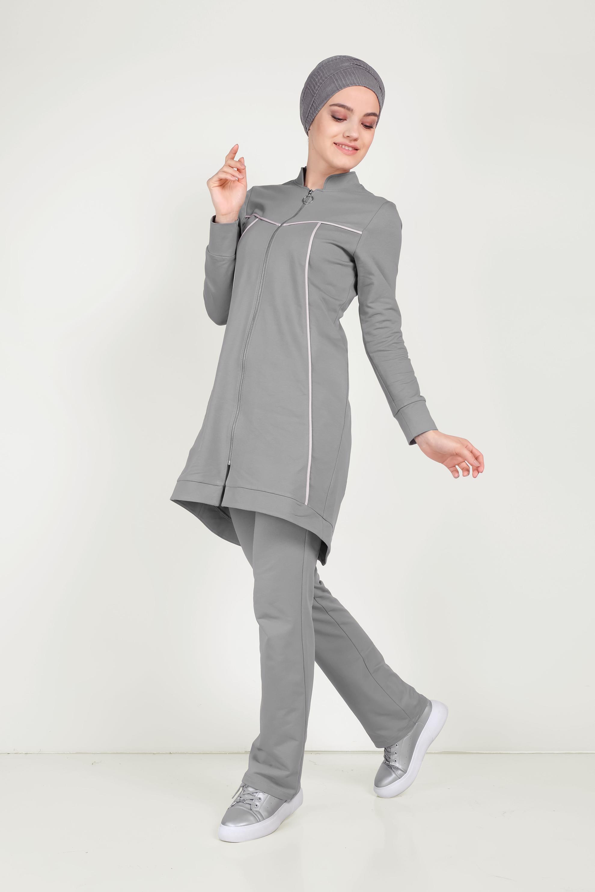 Tesettür giyim GRİ HAKİM YAKA FERMUARLI EŞOFMAN TAKIMI 40556