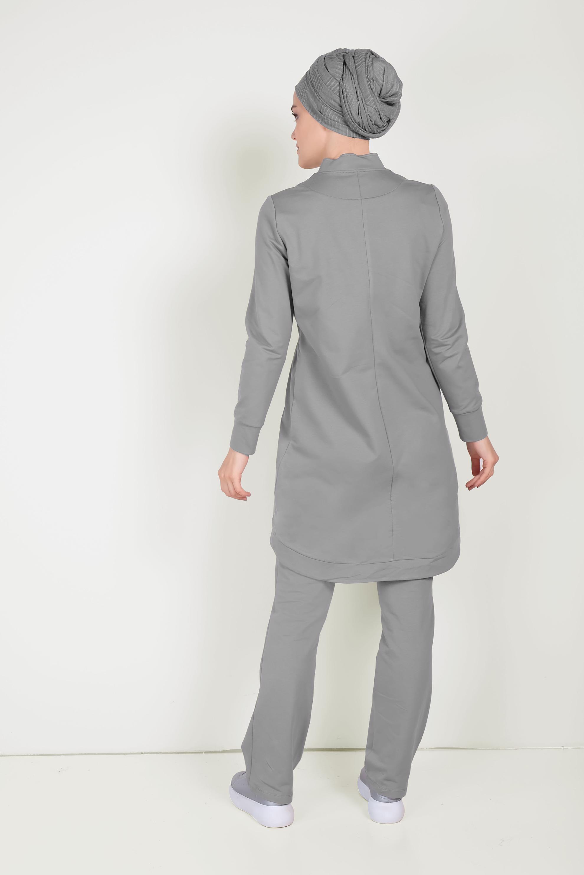 Tesettür giyim GRİ HAKİM YAKA FERMUARLI EŞOFMAN TAKIMI 40556