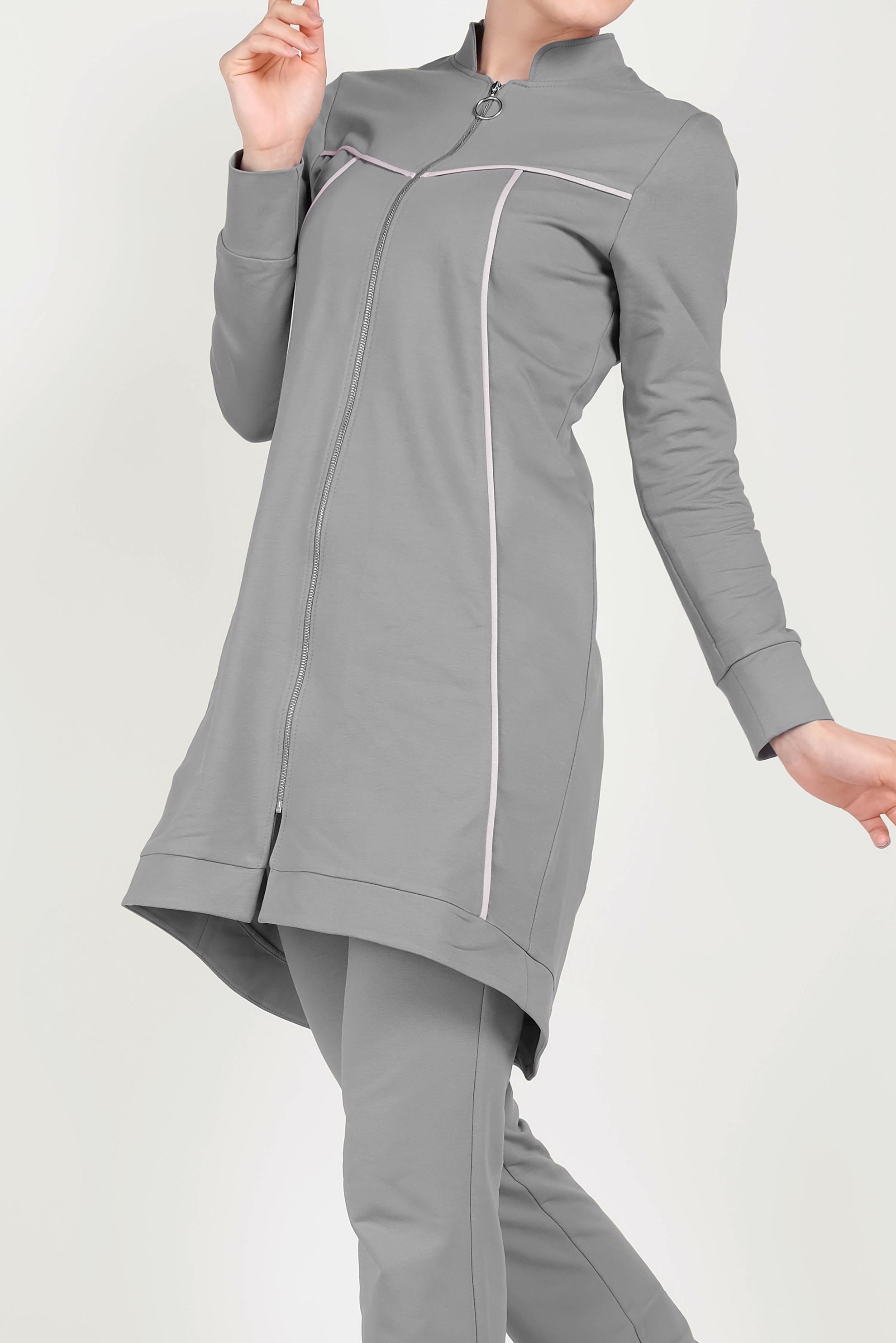 Tesettür giyim GRİ HAKİM YAKA FERMUARLI EŞOFMAN TAKIMI 40556