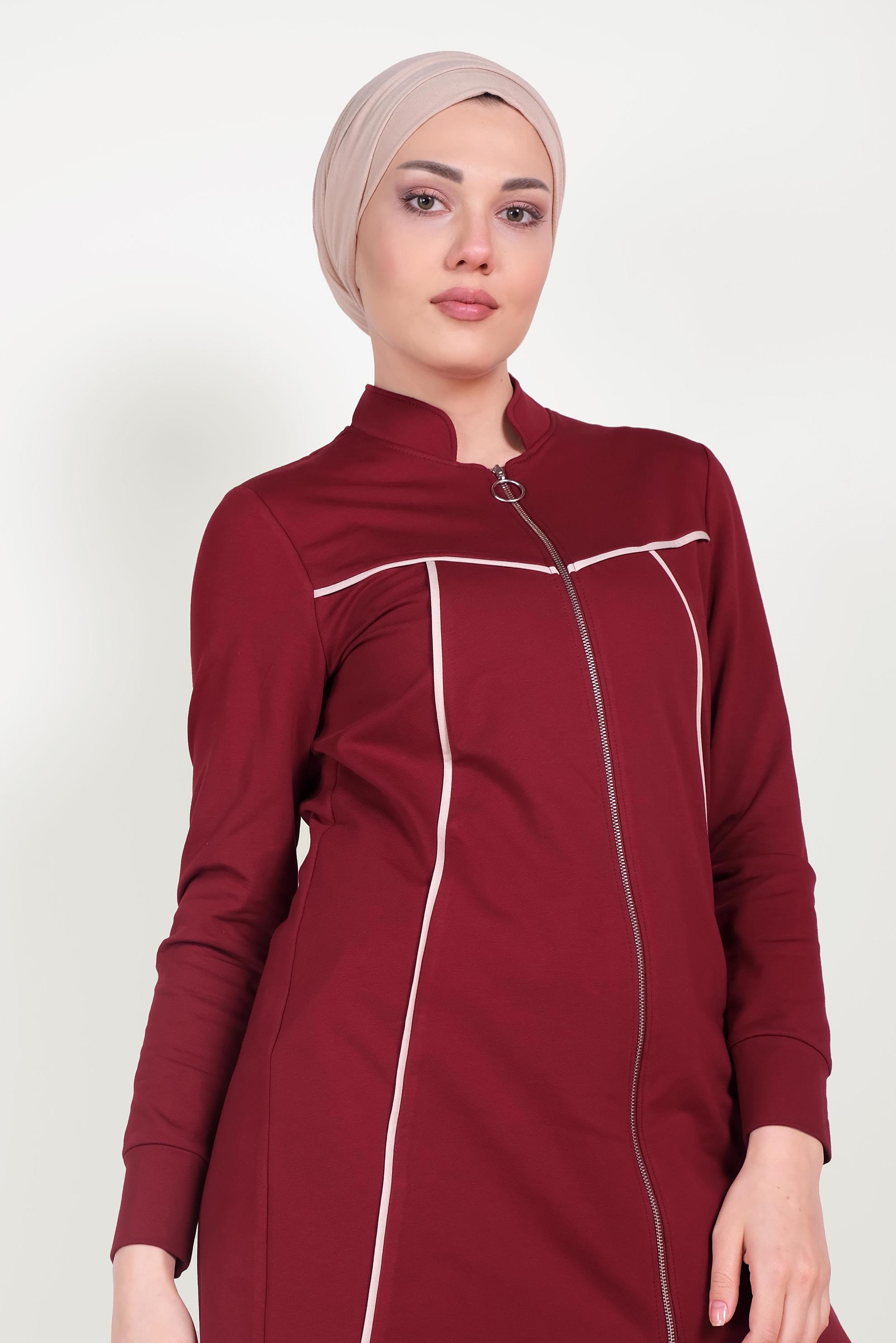 Tesettür giyim BORDO HAKİM YAKA FERMUARLI EŞOFMAN TAKIMI 40556
