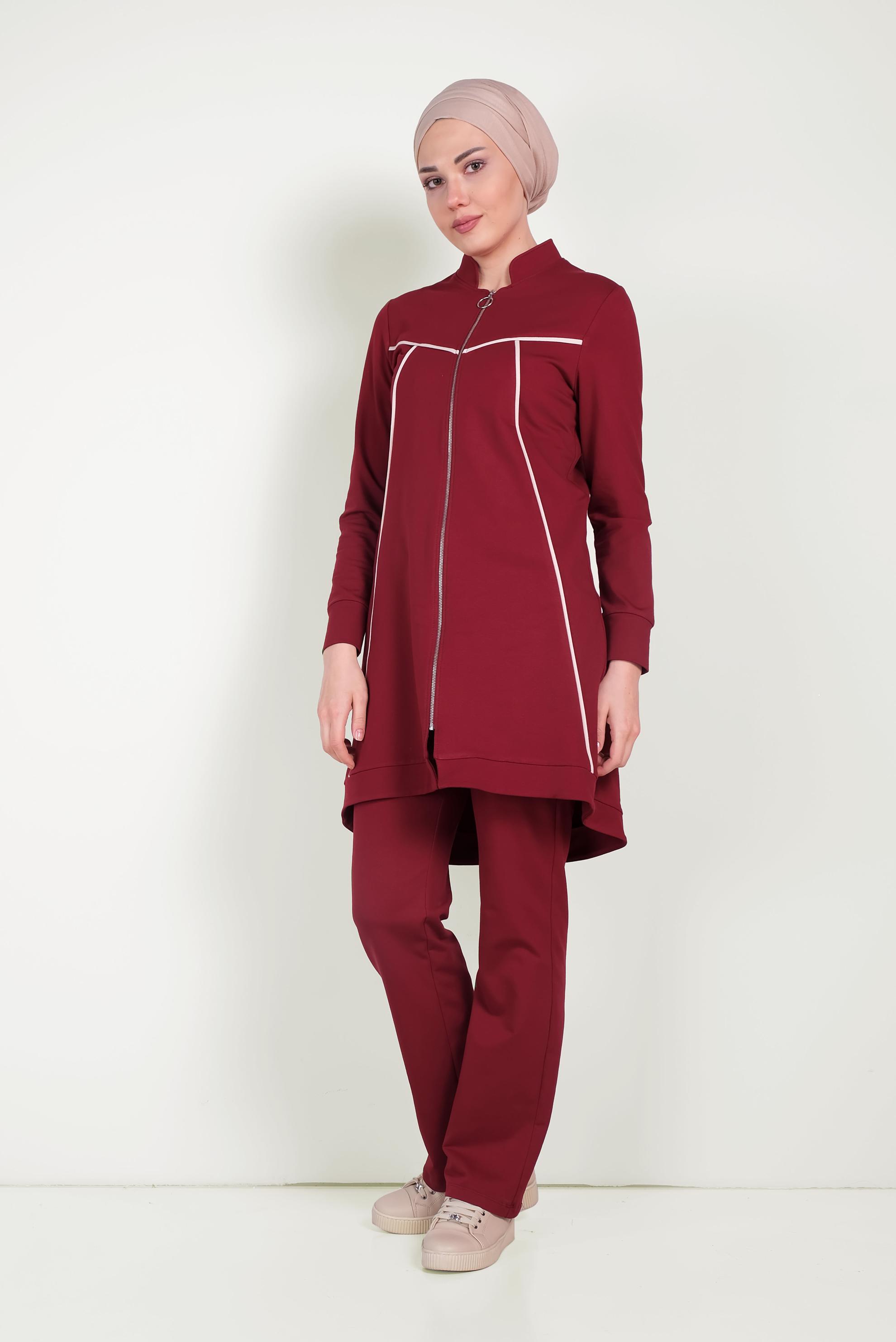Tesettür giyim BORDO HAKİM YAKA FERMUARLI EŞOFMAN TAKIMI 40556