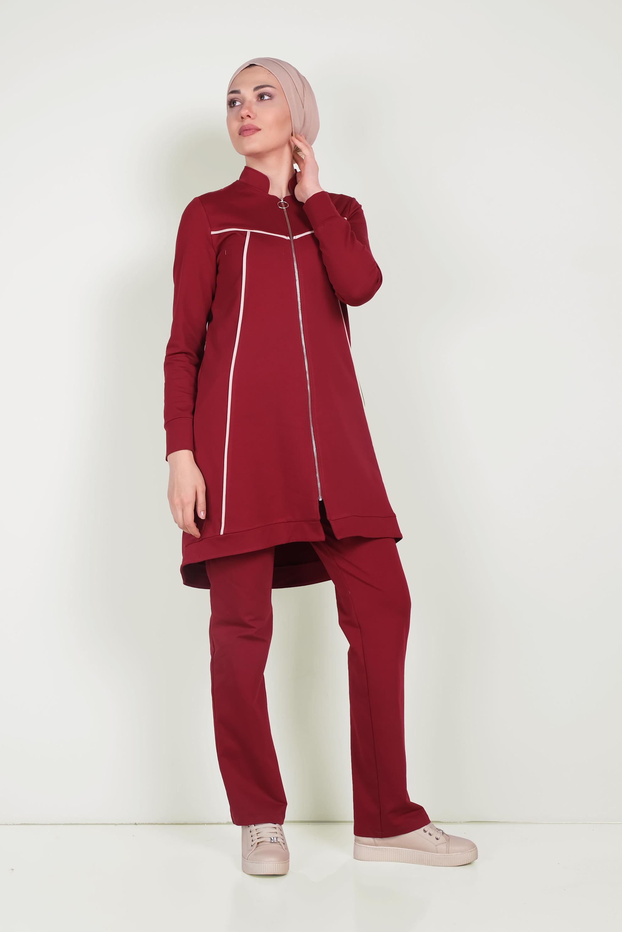 Tesettür giyim BORDO HAKİM YAKA FERMUARLI EŞOFMAN TAKIMI 40556