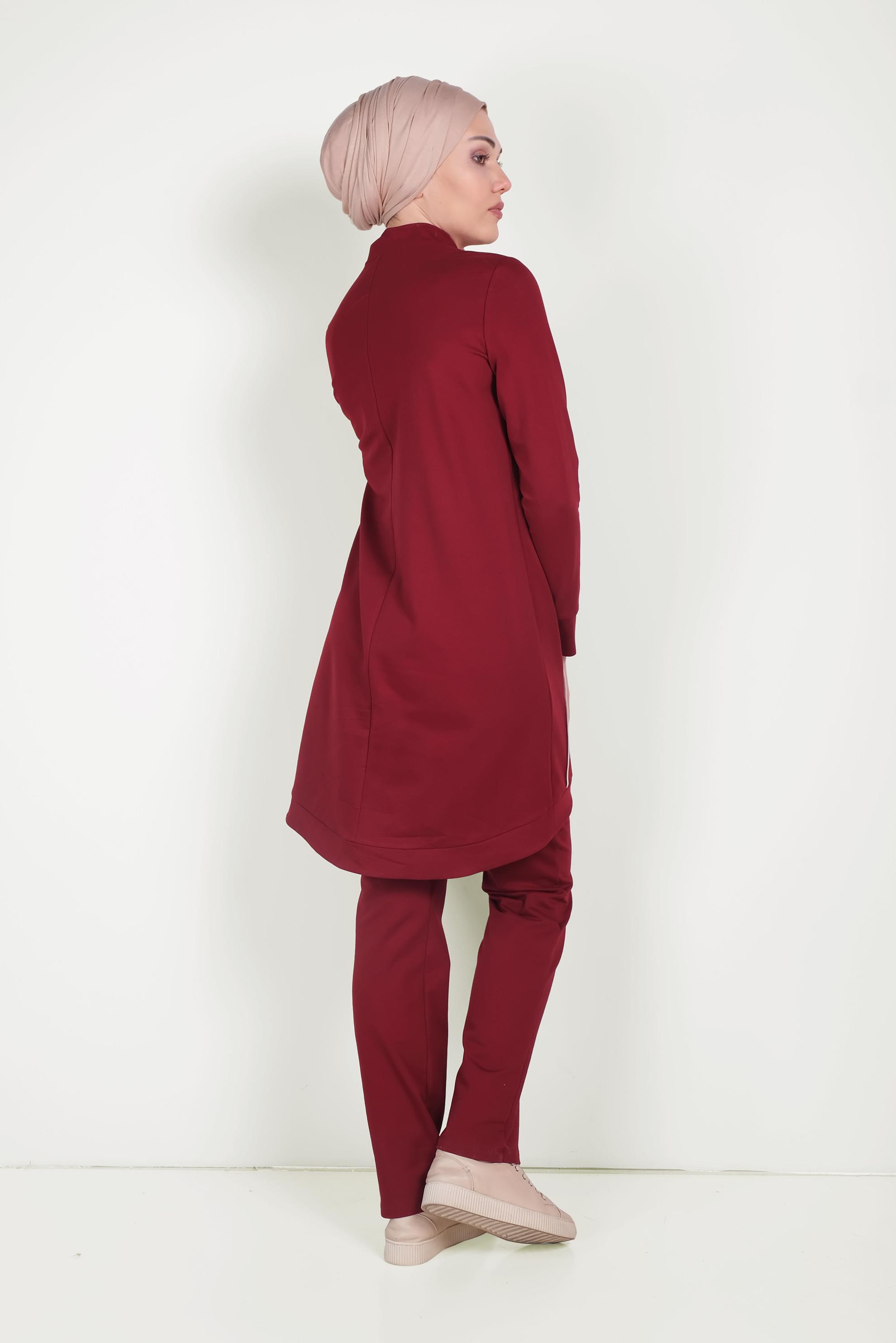 Tesettür giyim BORDO HAKİM YAKA FERMUARLI EŞOFMAN TAKIMI 40556