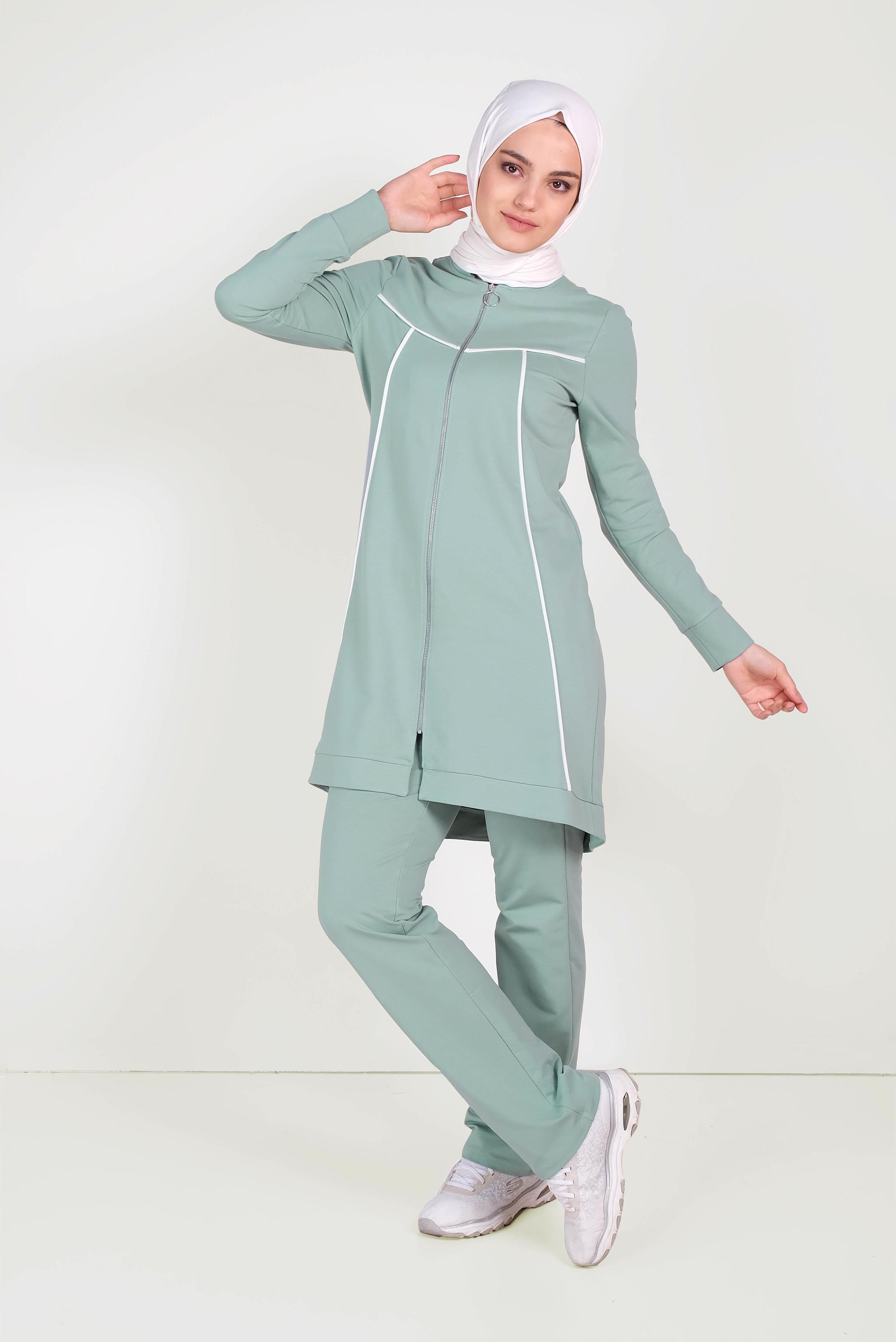 Tesettür giyim YEŞİL HAKİM YAKA FERMUARLI EŞOFMAN TAKIMI 40556