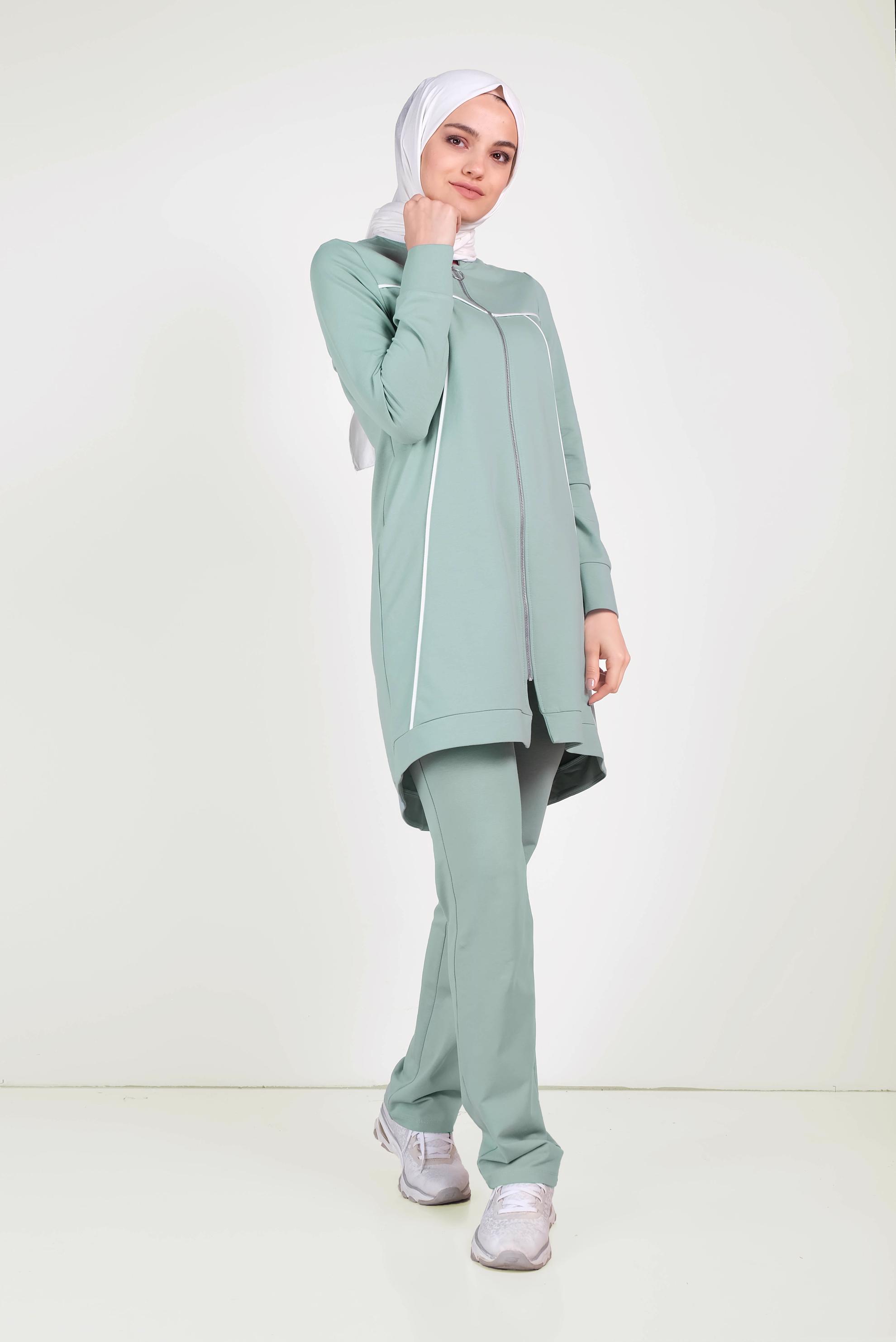 Tesettür giyim YEŞİL HAKİM YAKA FERMUARLI EŞOFMAN TAKIMI 40556