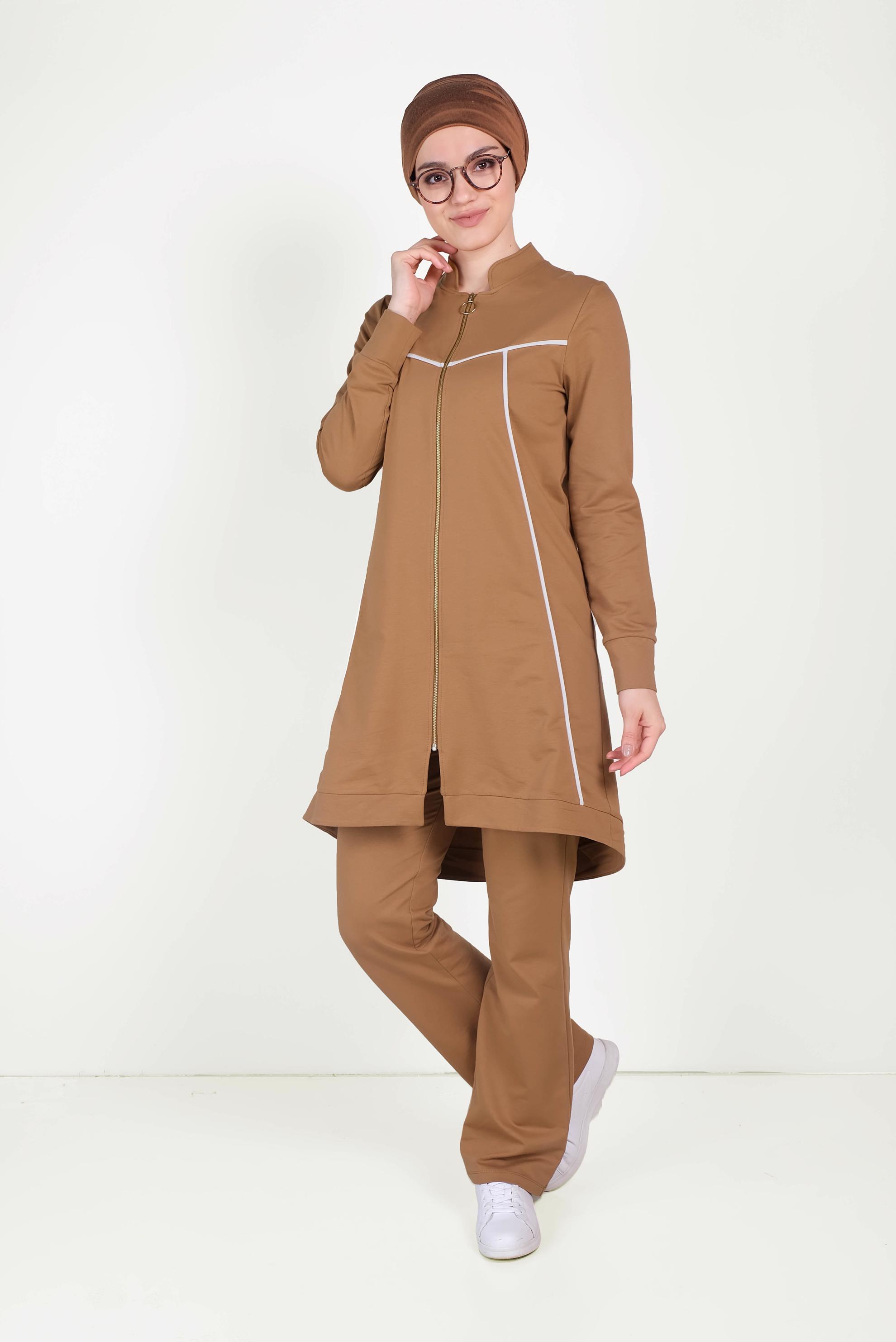Tesettür giyim KAHVE HAKİM YAKA FERMUARLI EŞOFMAN TAKIMI 40556