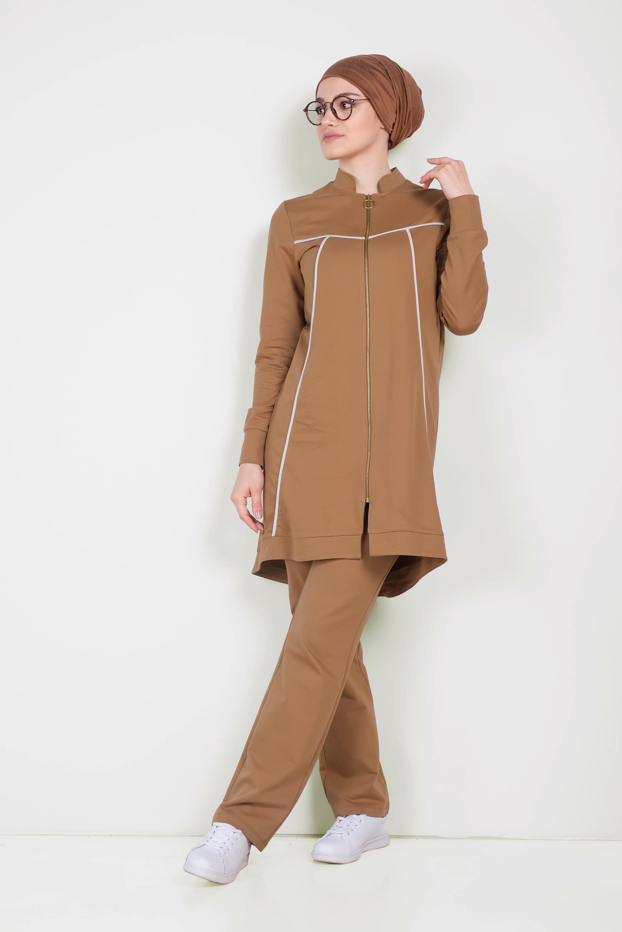 Tesettür giyim KAHVE HAKİM YAKA FERMUARLI EŞOFMAN TAKIMI 40556