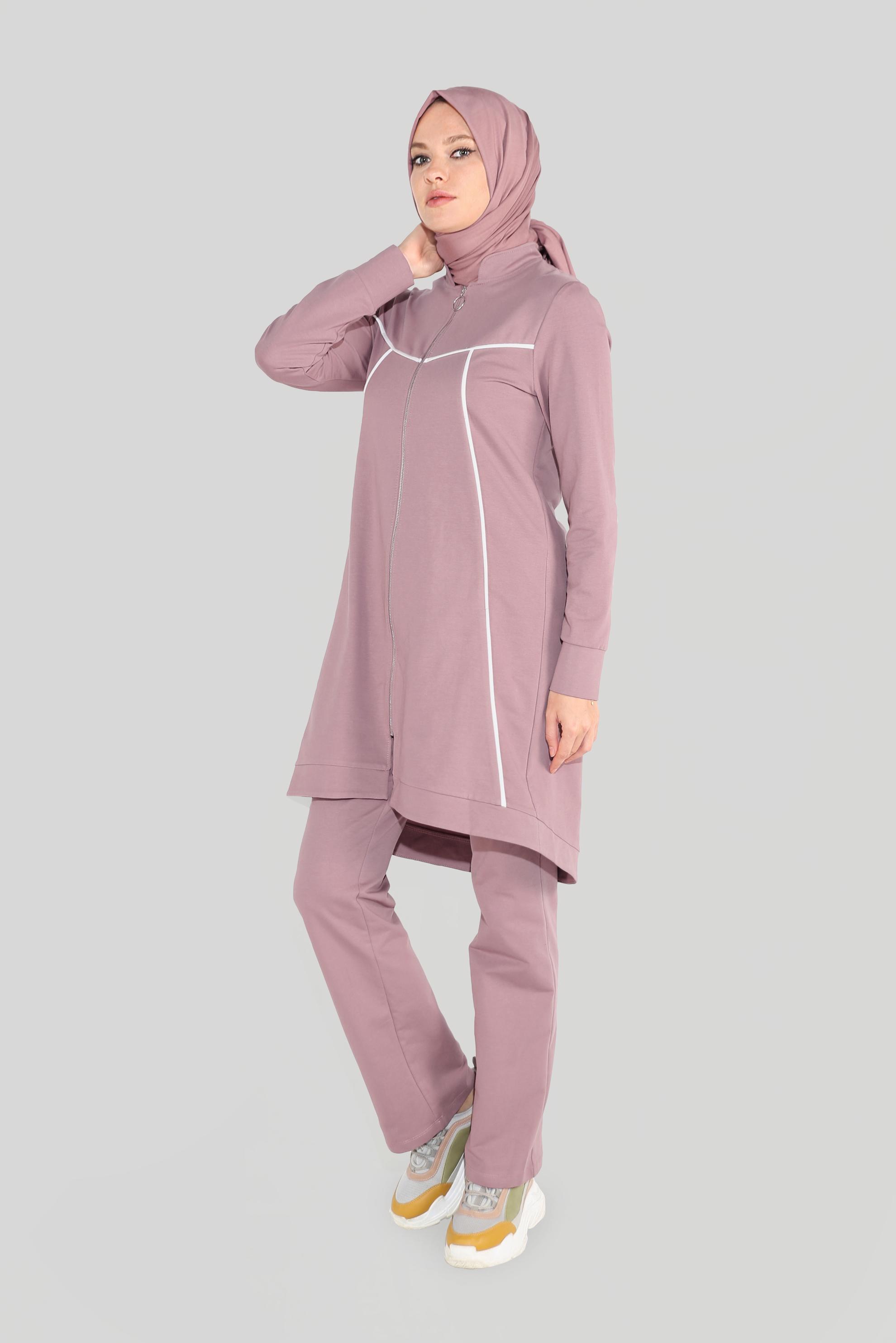 Tesettür giyim PEMBE HAKİM YAKA FERMUARLI EŞOFMAN TAKIMI 40556