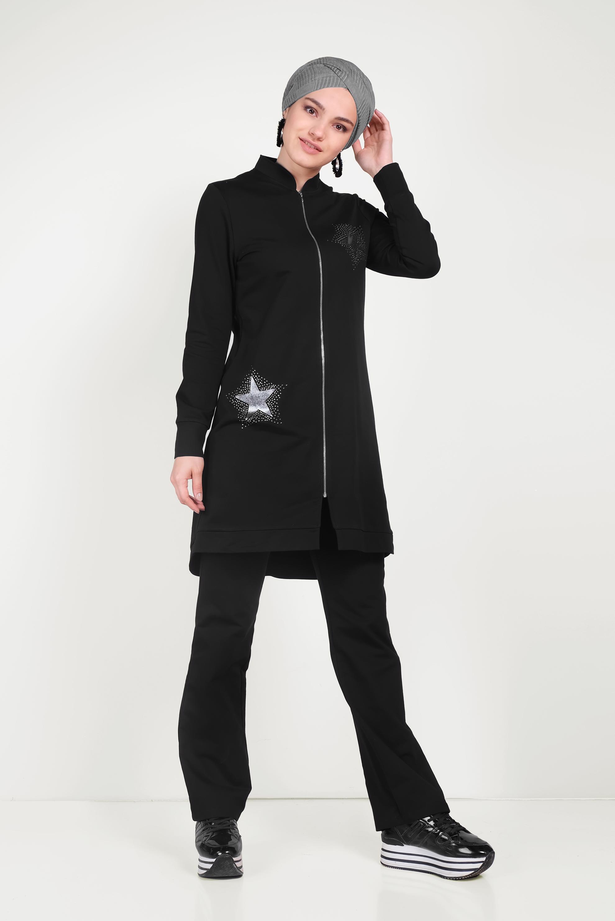 Tesettür giyim SİYAH HAKİM YAKA FERMUARLI EŞOFMAN TAKIMI 40571