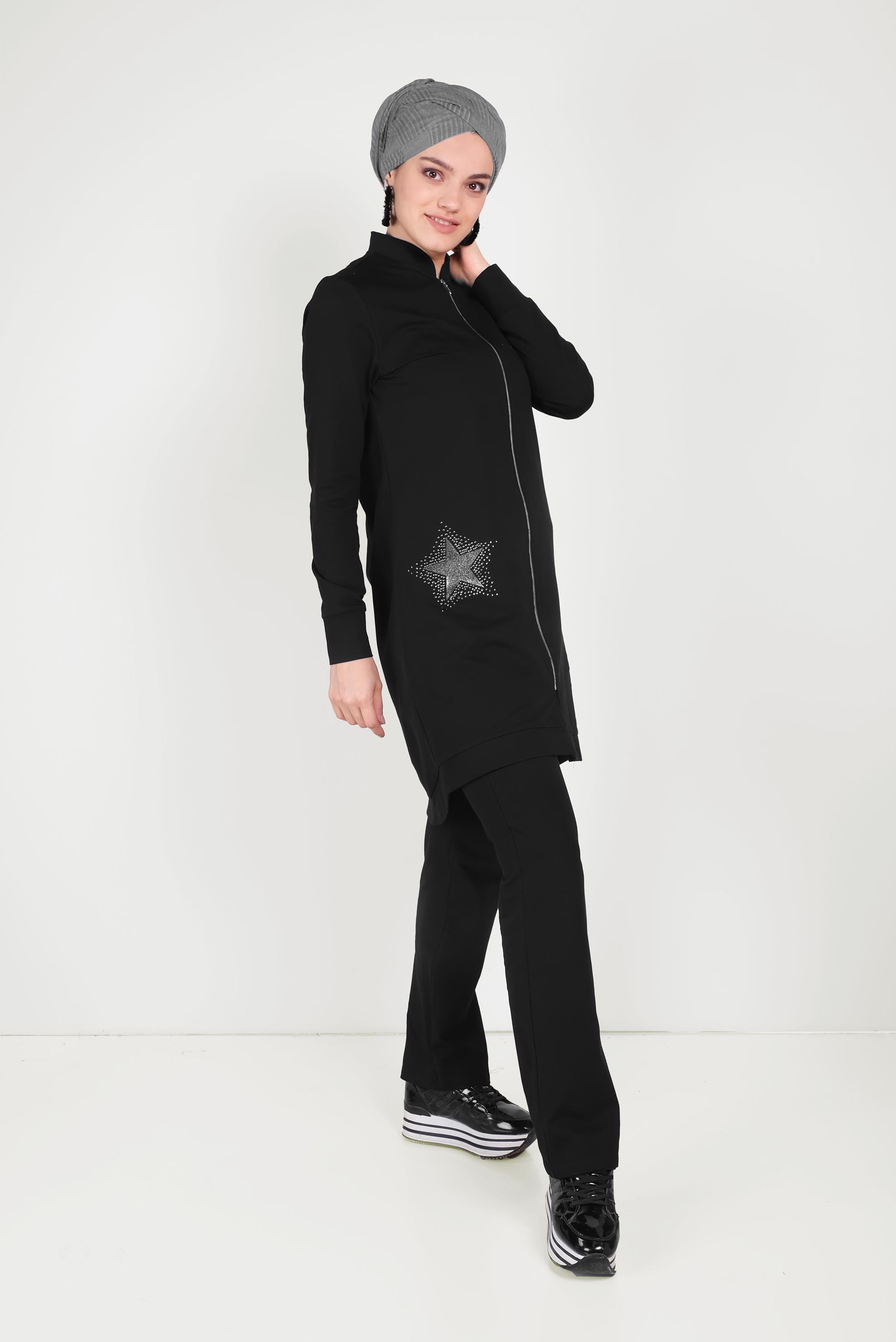 Tesettür giyim SİYAH HAKİM YAKA FERMUARLI EŞOFMAN TAKIMI 40571