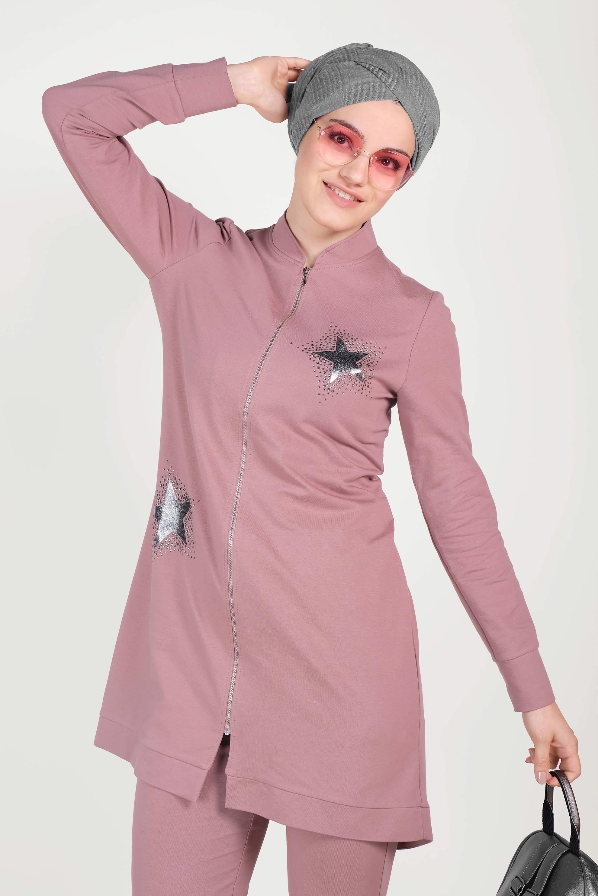 Tesettür giyim PEMBE HAKİM YAKA FERMUARLI EŞOFMAN TAKIMI 40571