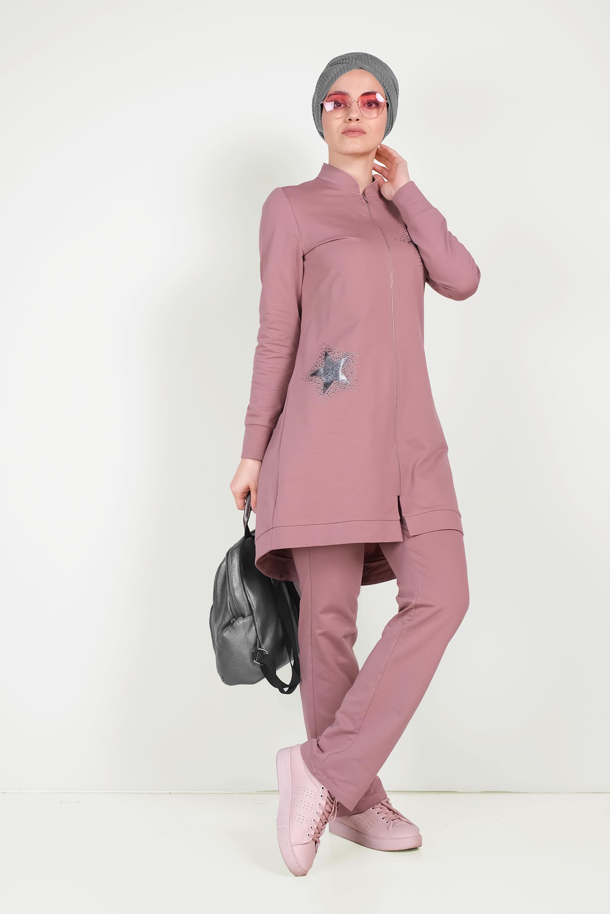 Tesettür giyim PEMBE HAKİM YAKA FERMUARLI EŞOFMAN TAKIMI 40571