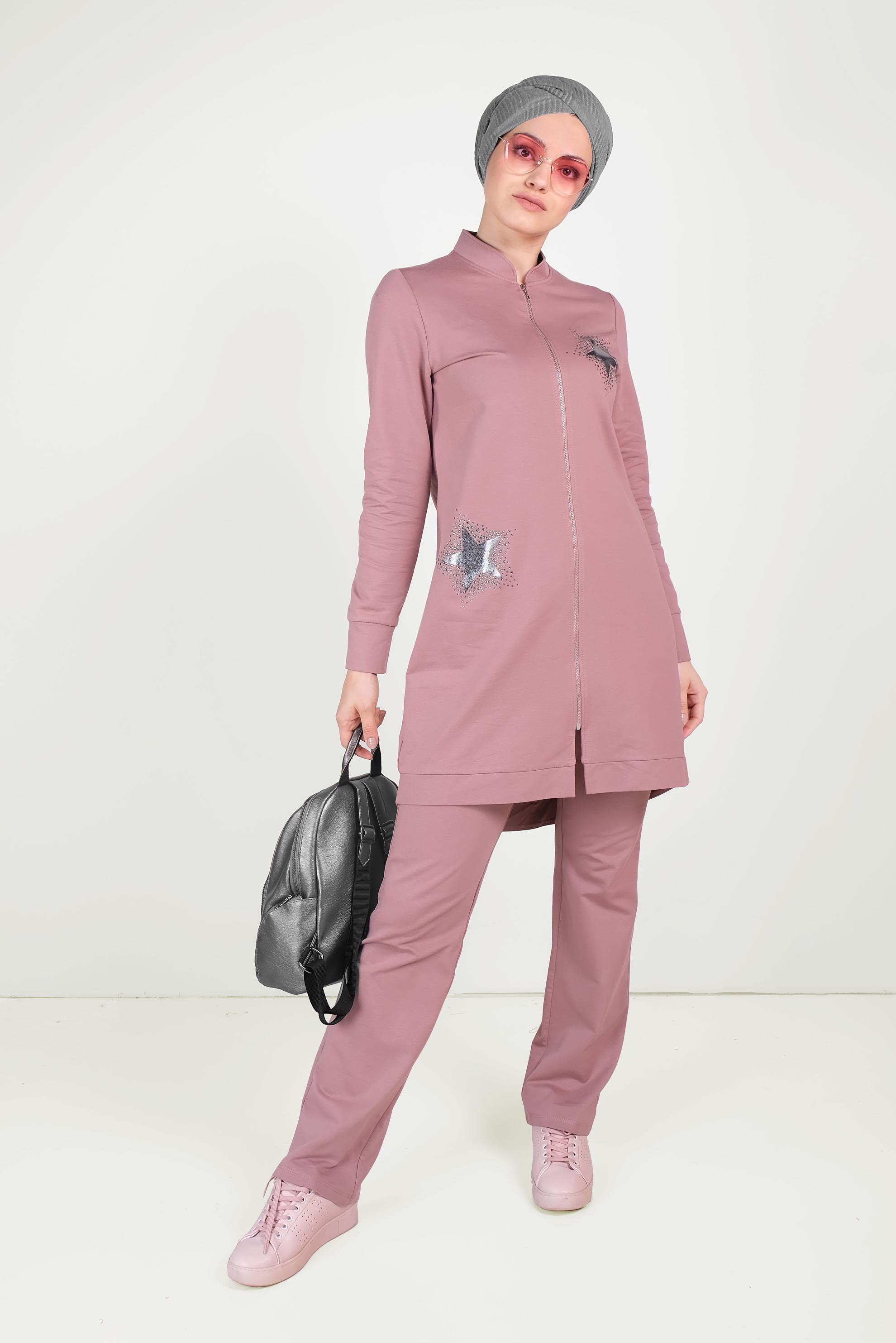 Tesettür giyim PEMBE HAKİM YAKA FERMUARLI EŞOFMAN TAKIMI 40571