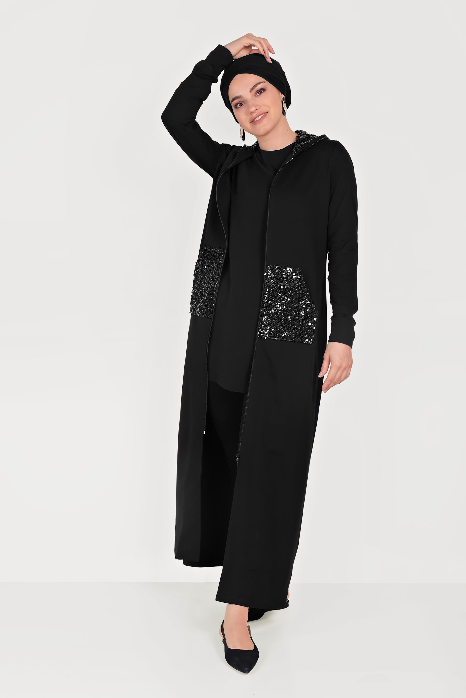 Tesettür giyim SİYAH PUL PAYET İŞLEMELİ EŞOFMAN TUNİK 40605