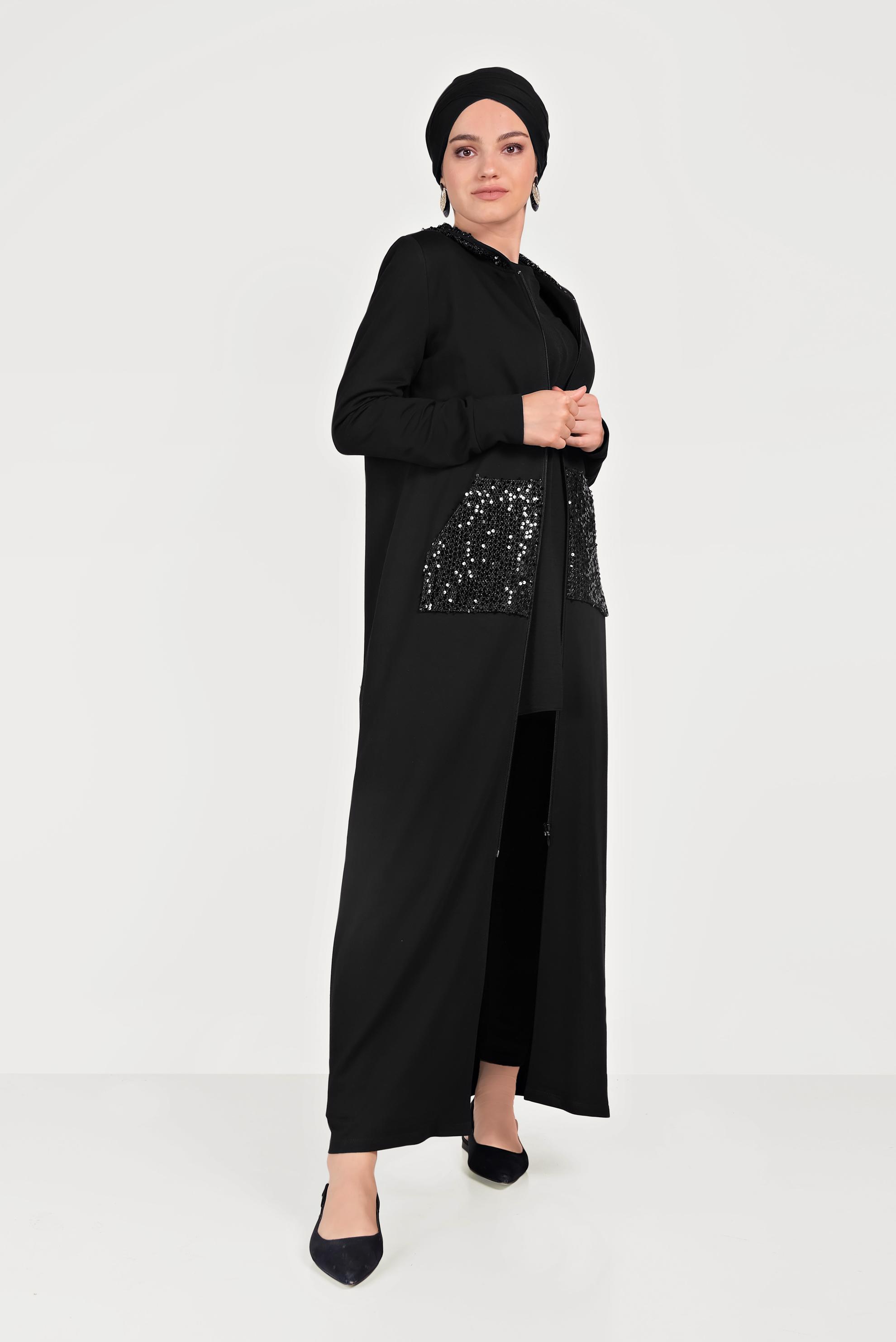 Tesettür giyim SİYAH PUL PAYET İŞLEMELİ EŞOFMAN TUNİK 40605