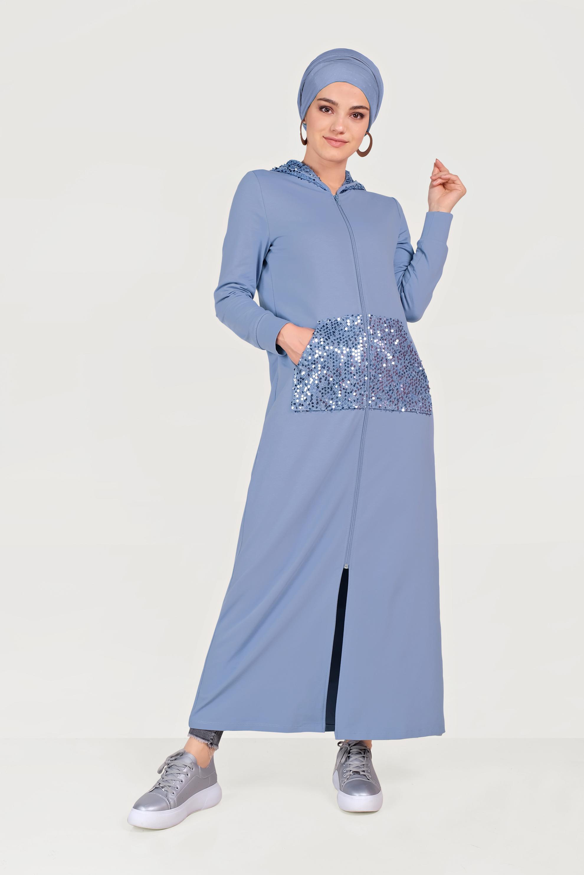 Tesettür giyim MAVİ PUL PAYET İŞLEMELİ EŞOFMAN TUNİK 40605