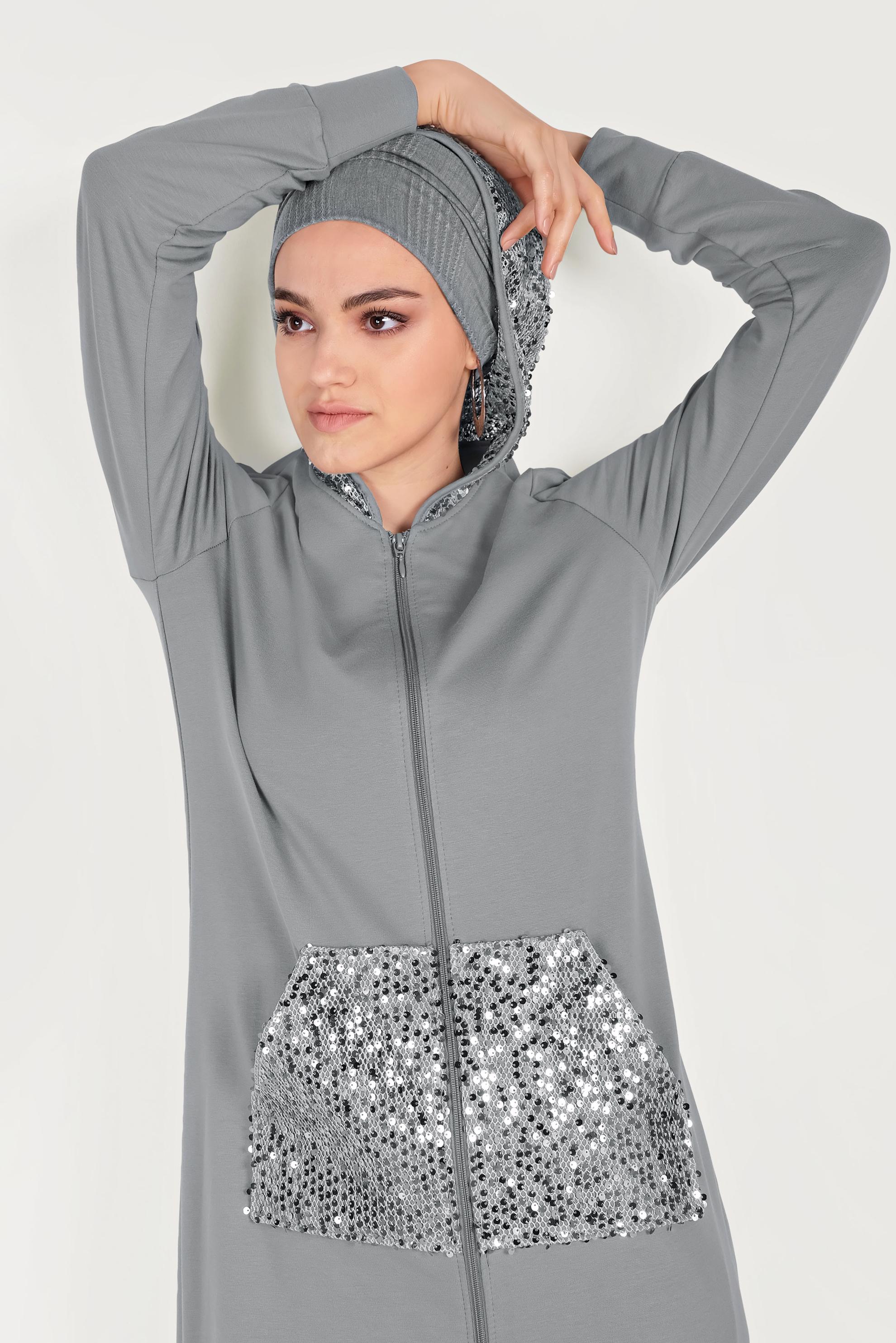 Tesettür giyim GRİ PUL PAYET İŞLEMELİ EŞOFMAN TUNİK 40605