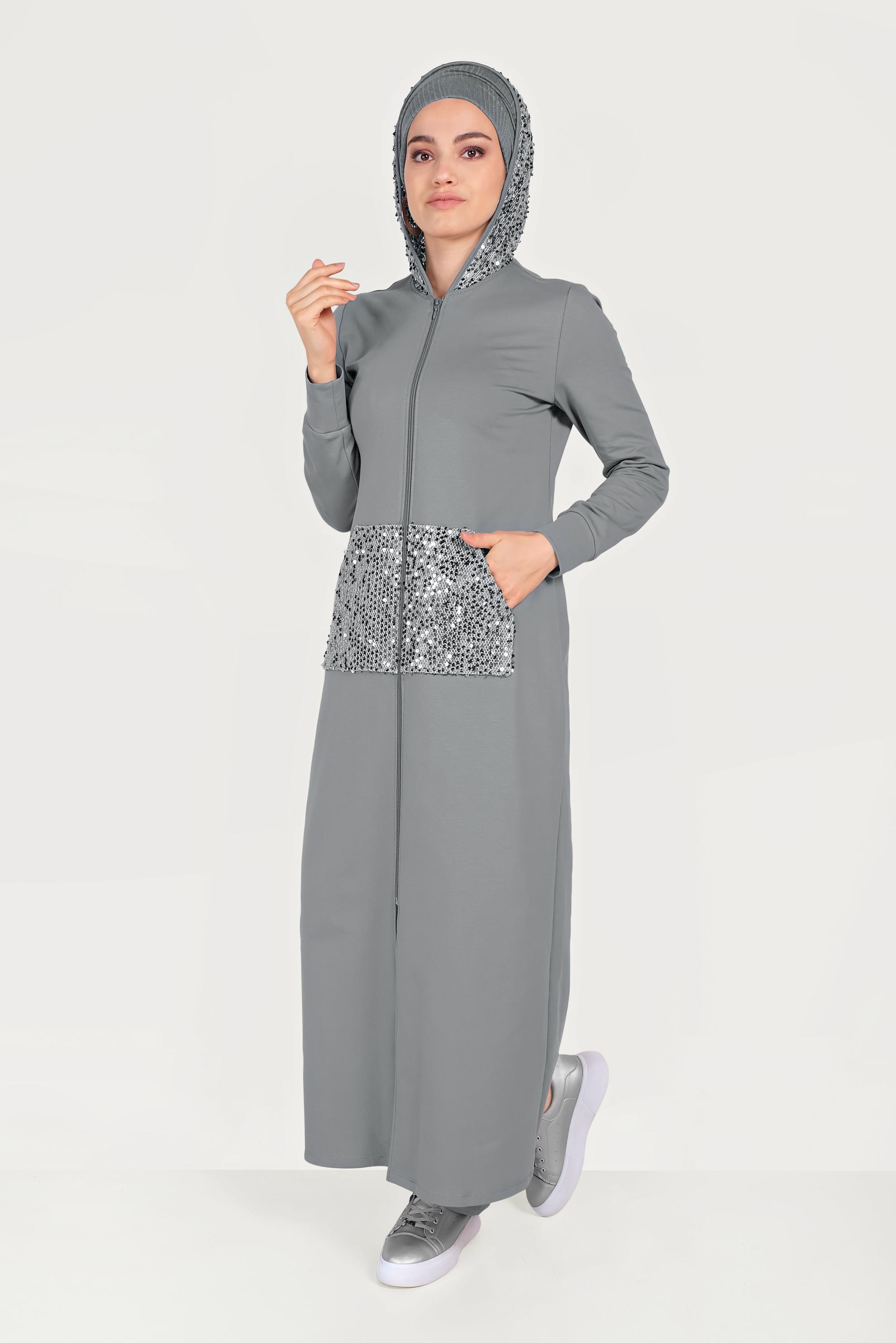 Tesettür giyim GRİ PUL PAYET İŞLEMELİ EŞOFMAN TUNİK 40605