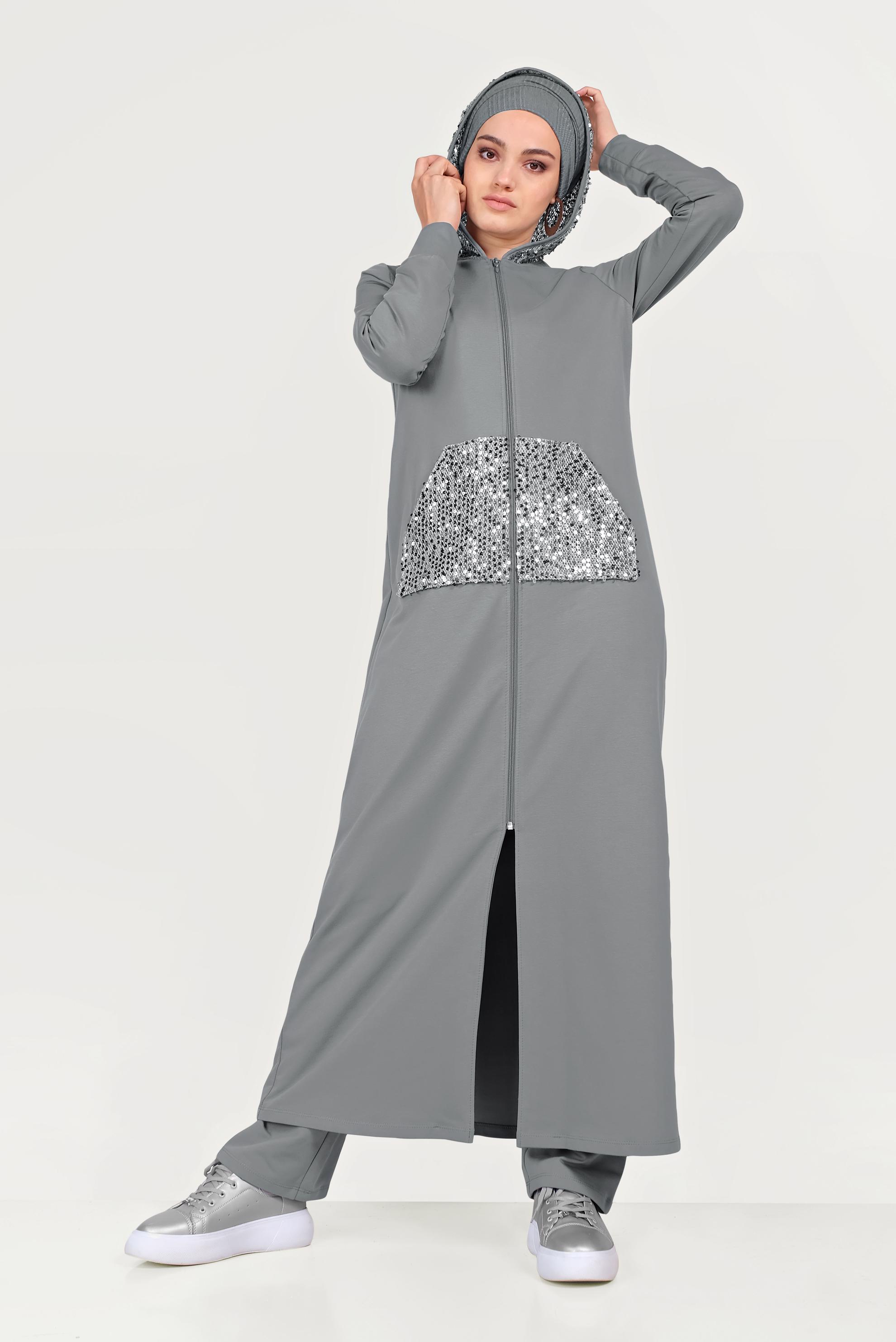 Tesettür giyim GRİ PUL PAYET İŞLEMELİ EŞOFMAN TUNİK 40605