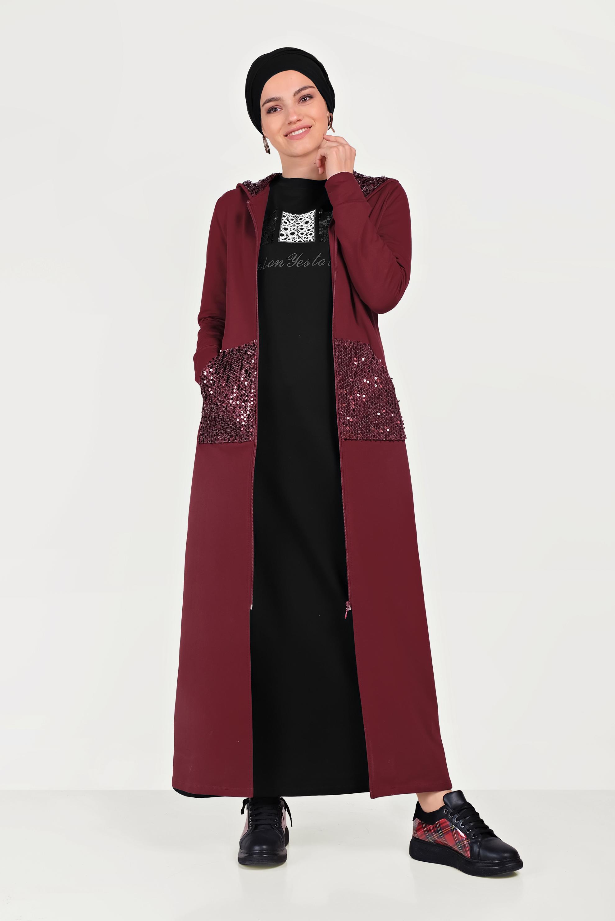 Tesettür giyim BORDO PUL PAYET İŞLEMELİ EŞOFMAN TUNİK 40605