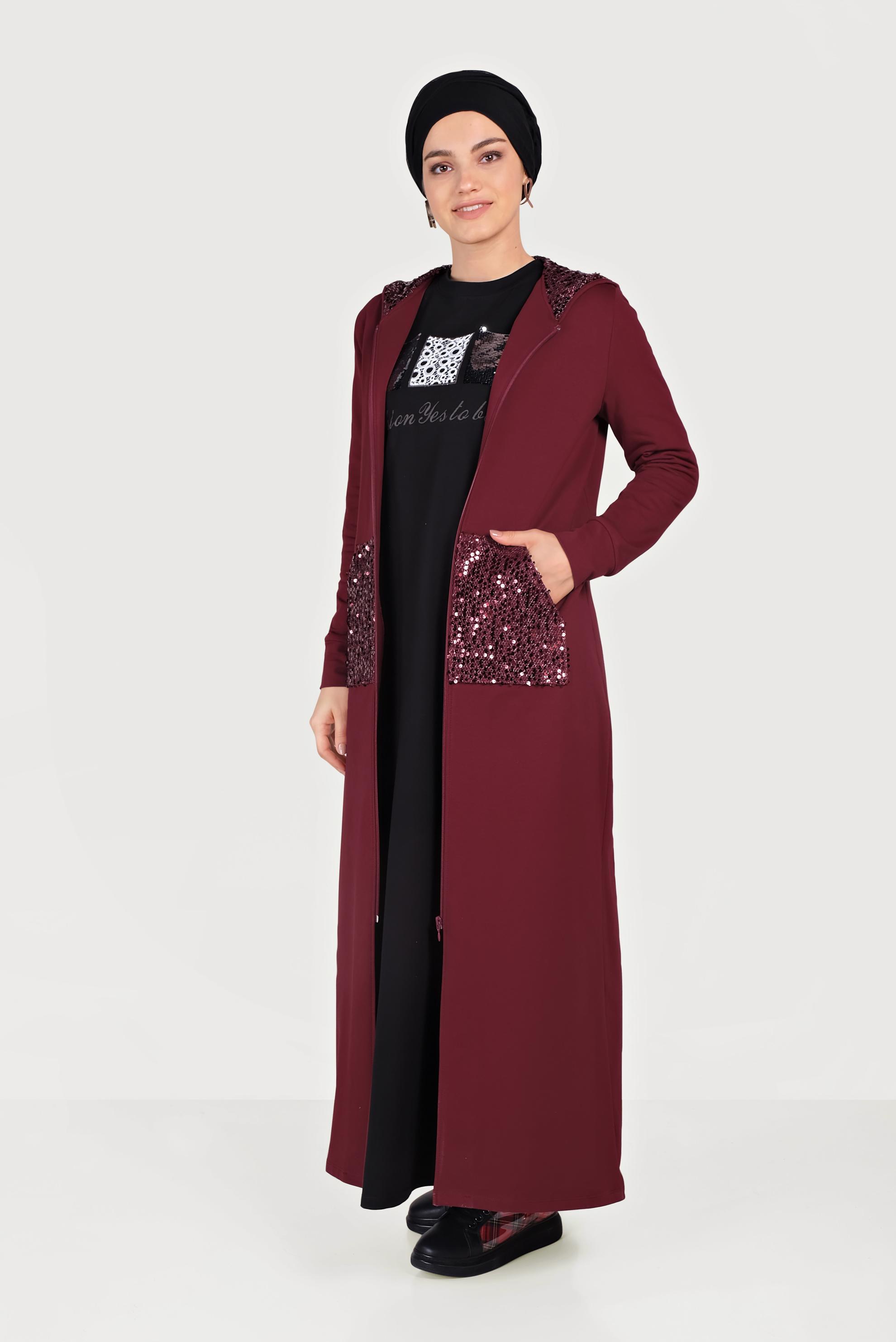 Tesettür giyim BORDO PUL PAYET İŞLEMELİ EŞOFMAN TUNİK 40605