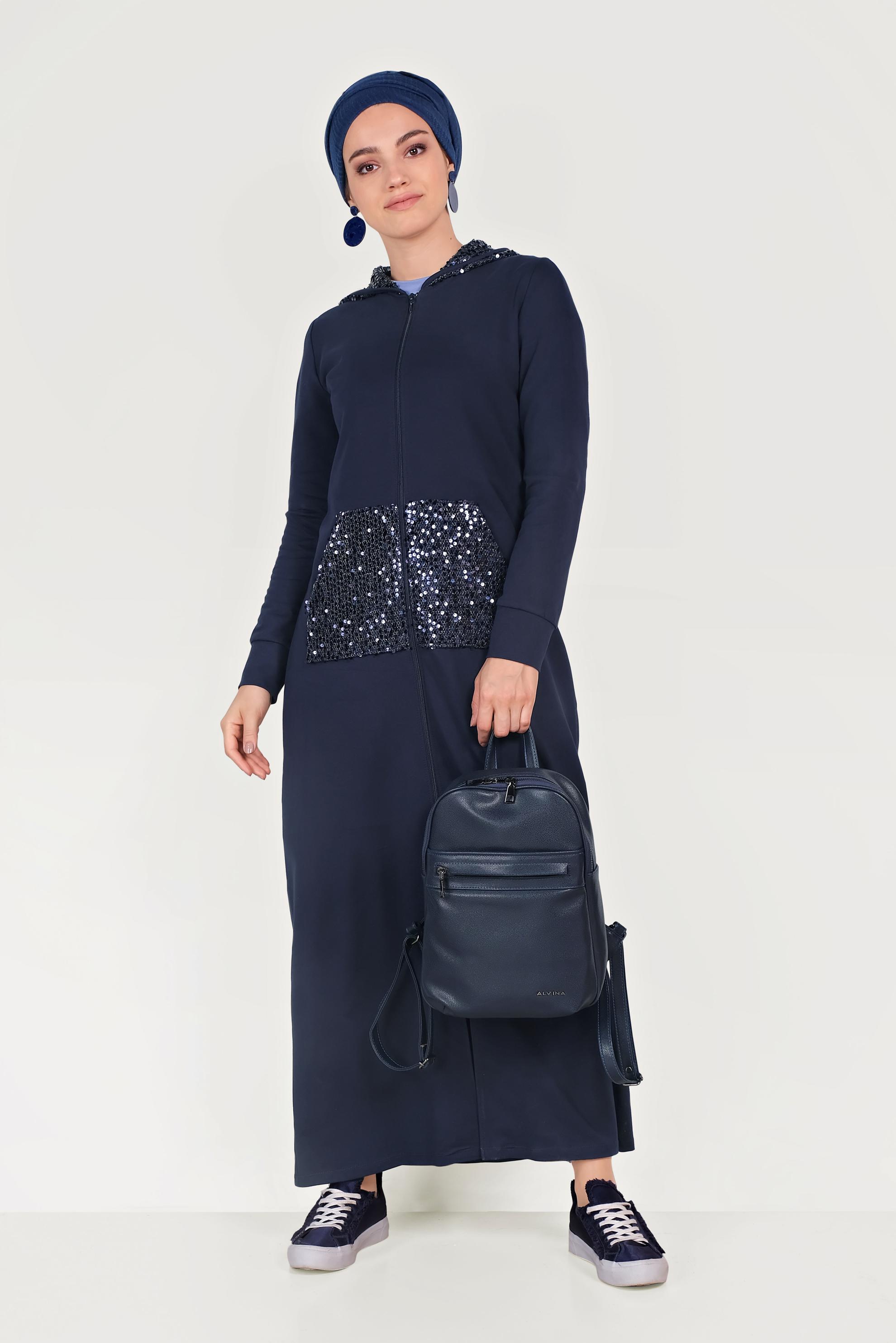 Tesettür giyim LACİVERT PUL PAYET İŞLEMELİ EŞOFMAN TUNİK 40605