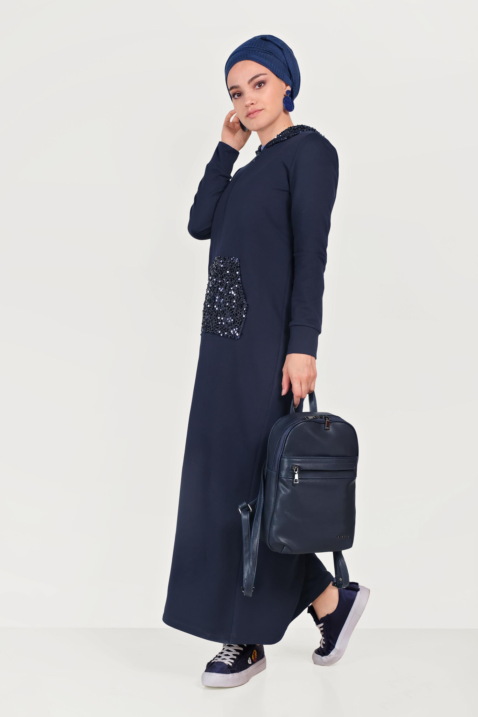 Tesettür giyim LACİVERT PUL PAYET İŞLEMELİ EŞOFMAN TUNİK 40605