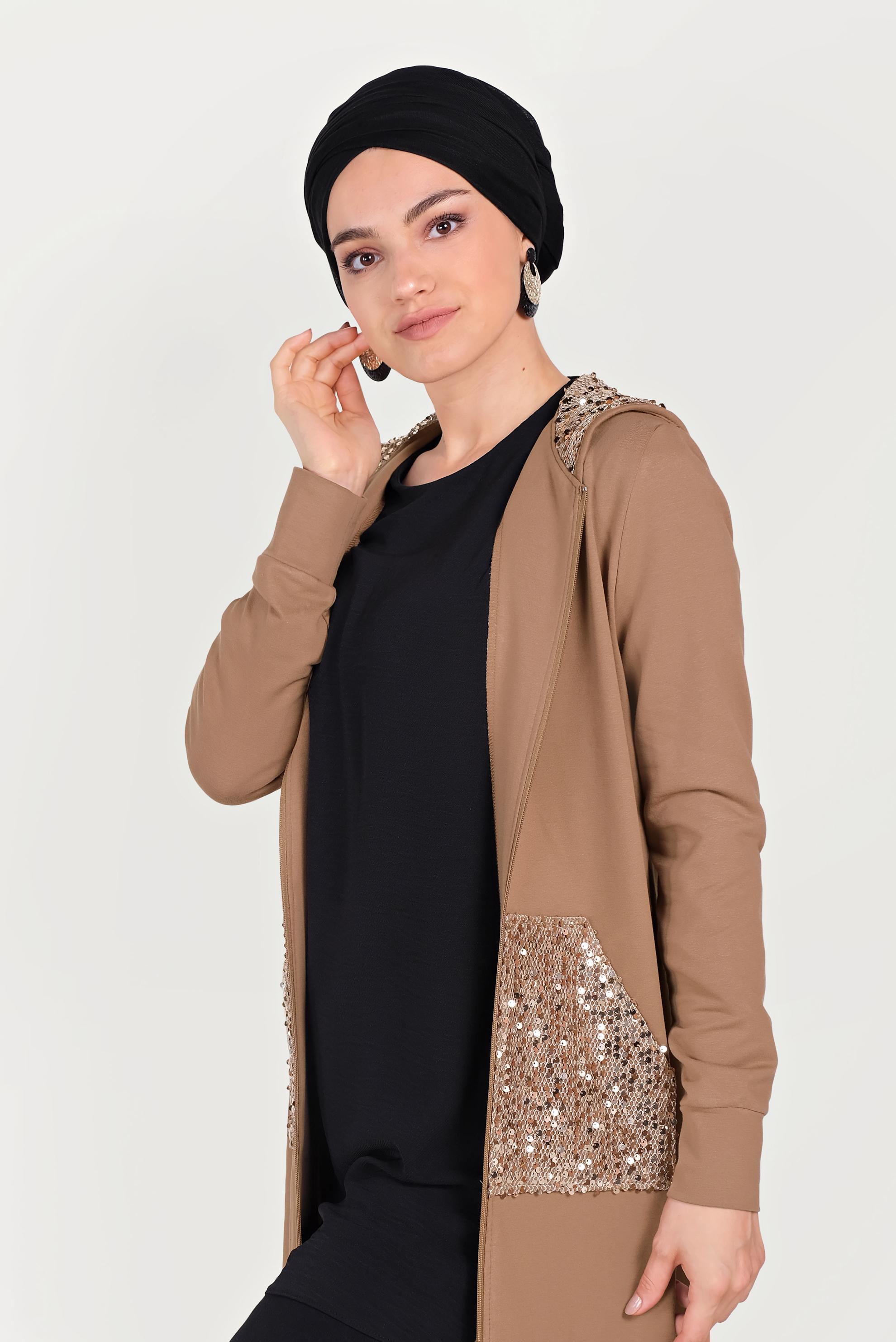 Tesettür giyim KAHVE PUL PAYET İŞLEMELİ EŞOFMAN TUNİK 40605