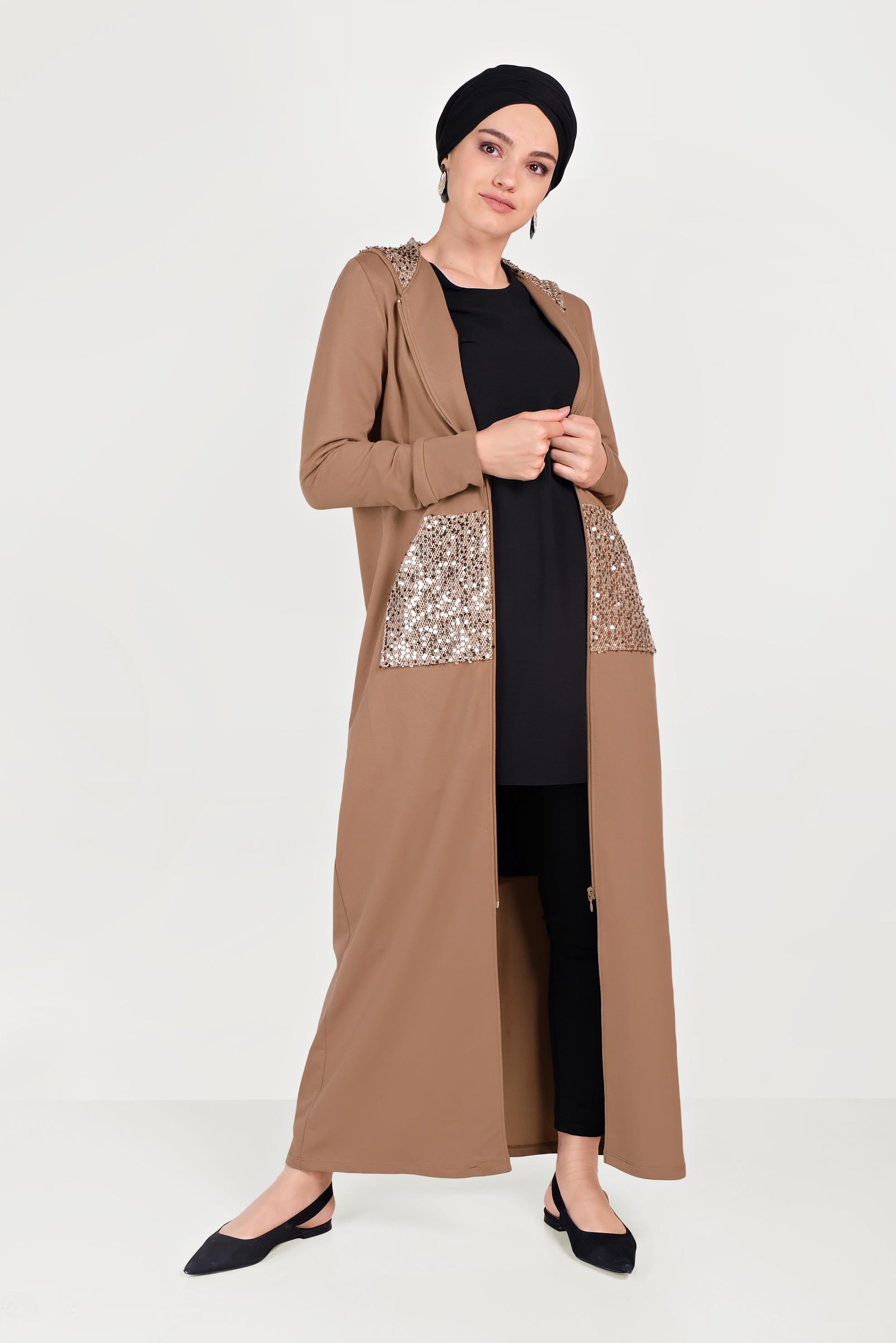 Tesettür giyim KAHVE PUL PAYET İŞLEMELİ EŞOFMAN TUNİK 40605