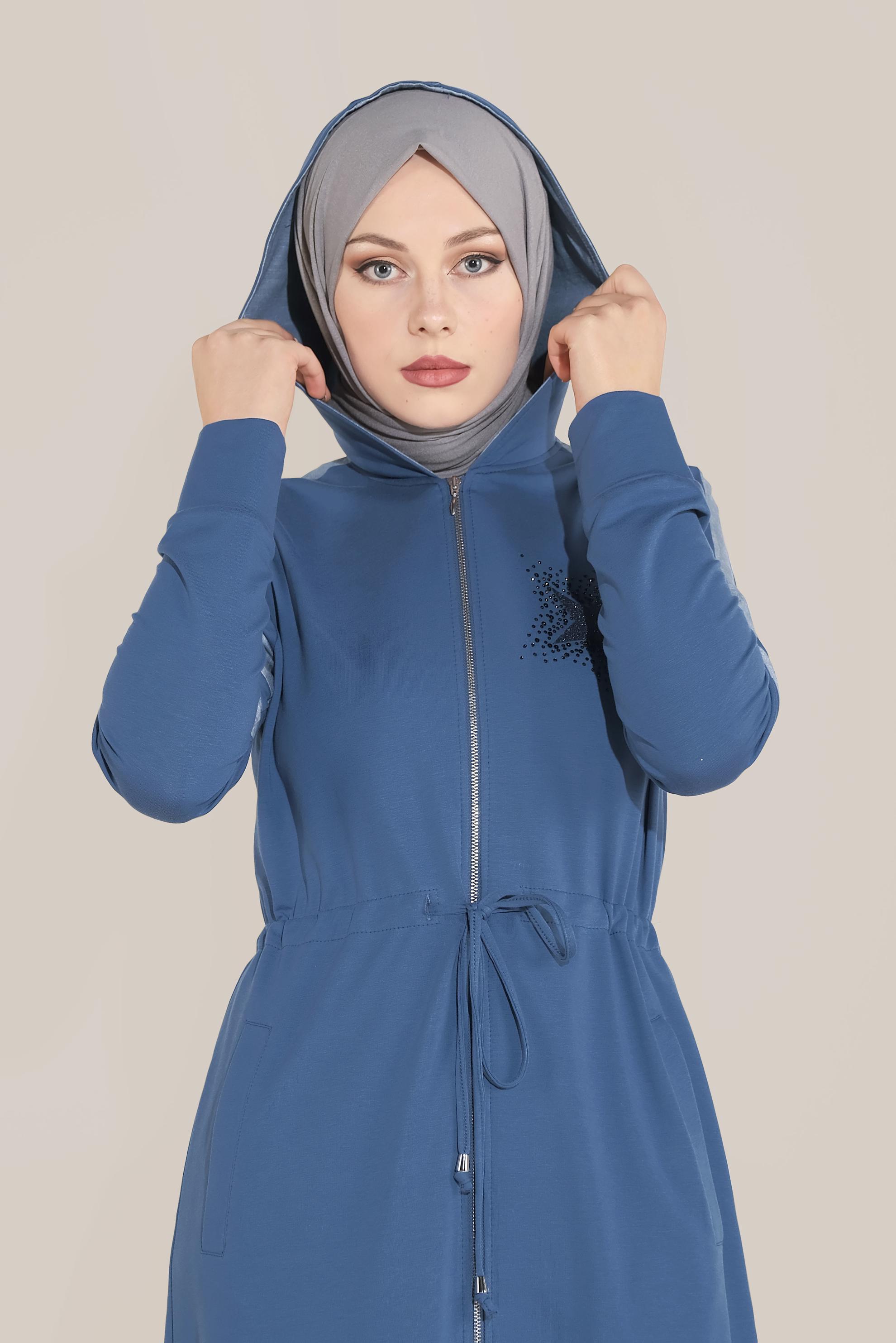 Tesettür giyim LACİVERT PAMUKLU TAŞ BASKILI FERMUARLI EŞOFMAN TUNİK 40606