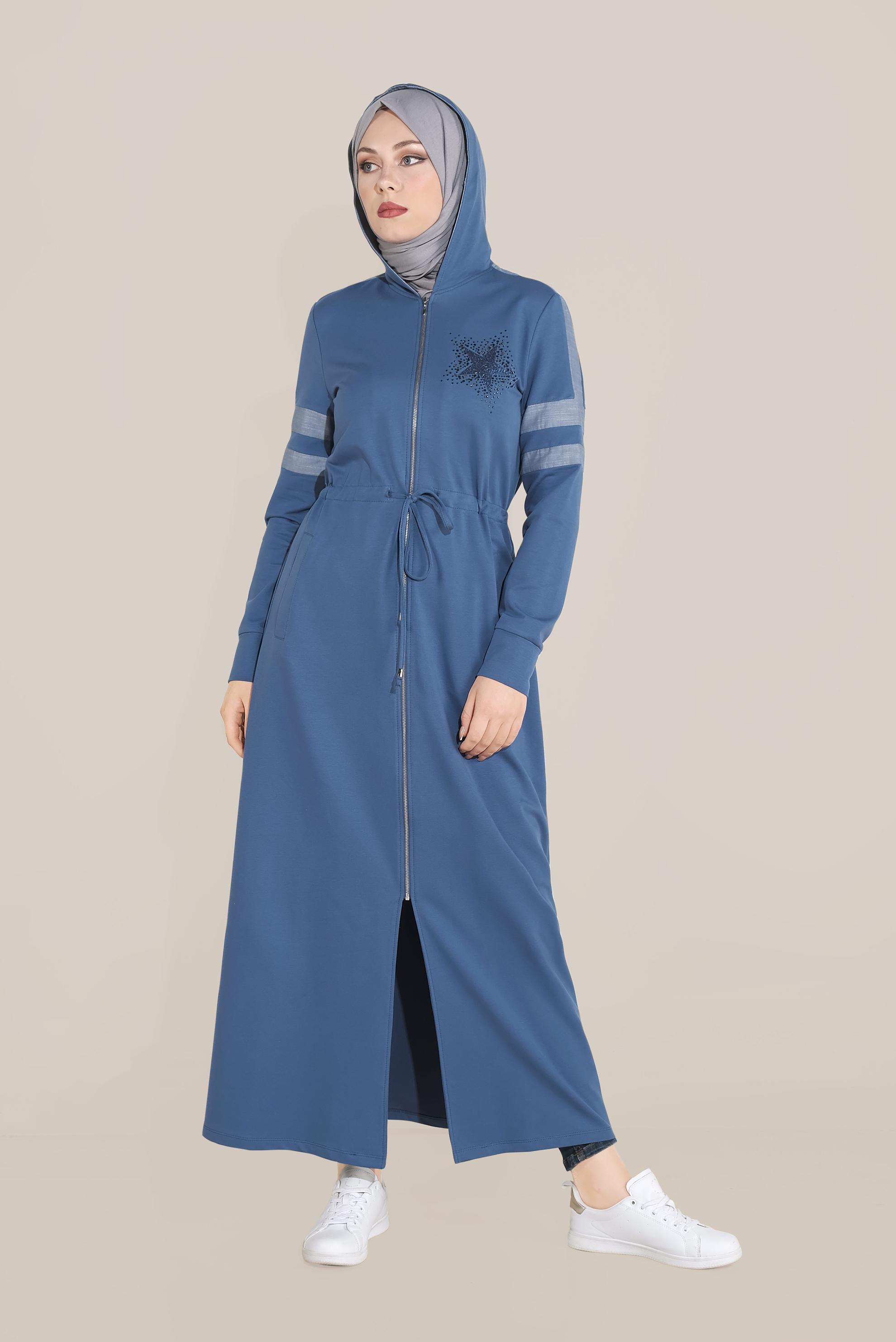 Tesettür giyim LACİVERT PAMUKLU TAŞ BASKILI FERMUARLI EŞOFMAN TUNİK 40606