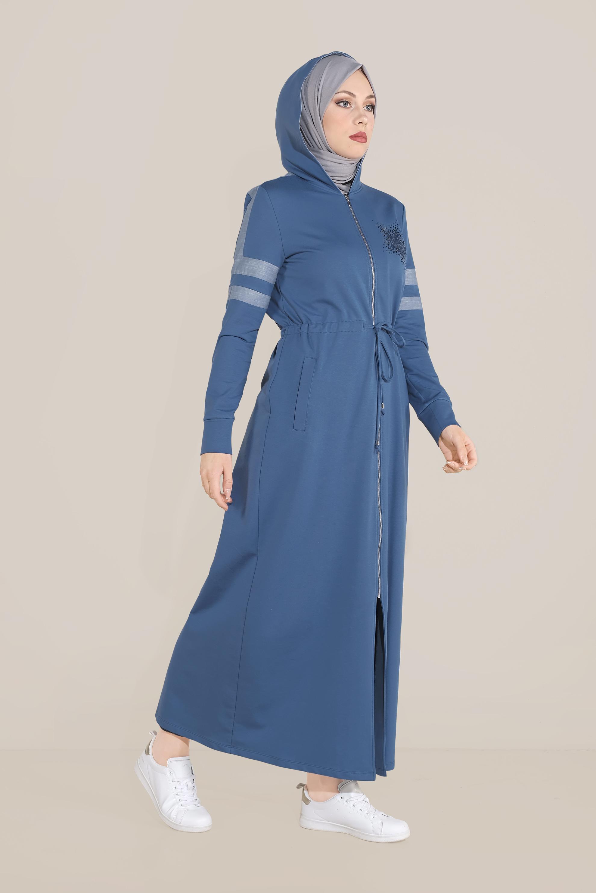 Tesettür giyim LACİVERT PAMUKLU TAŞ BASKILI FERMUARLI EŞOFMAN TUNİK 40606