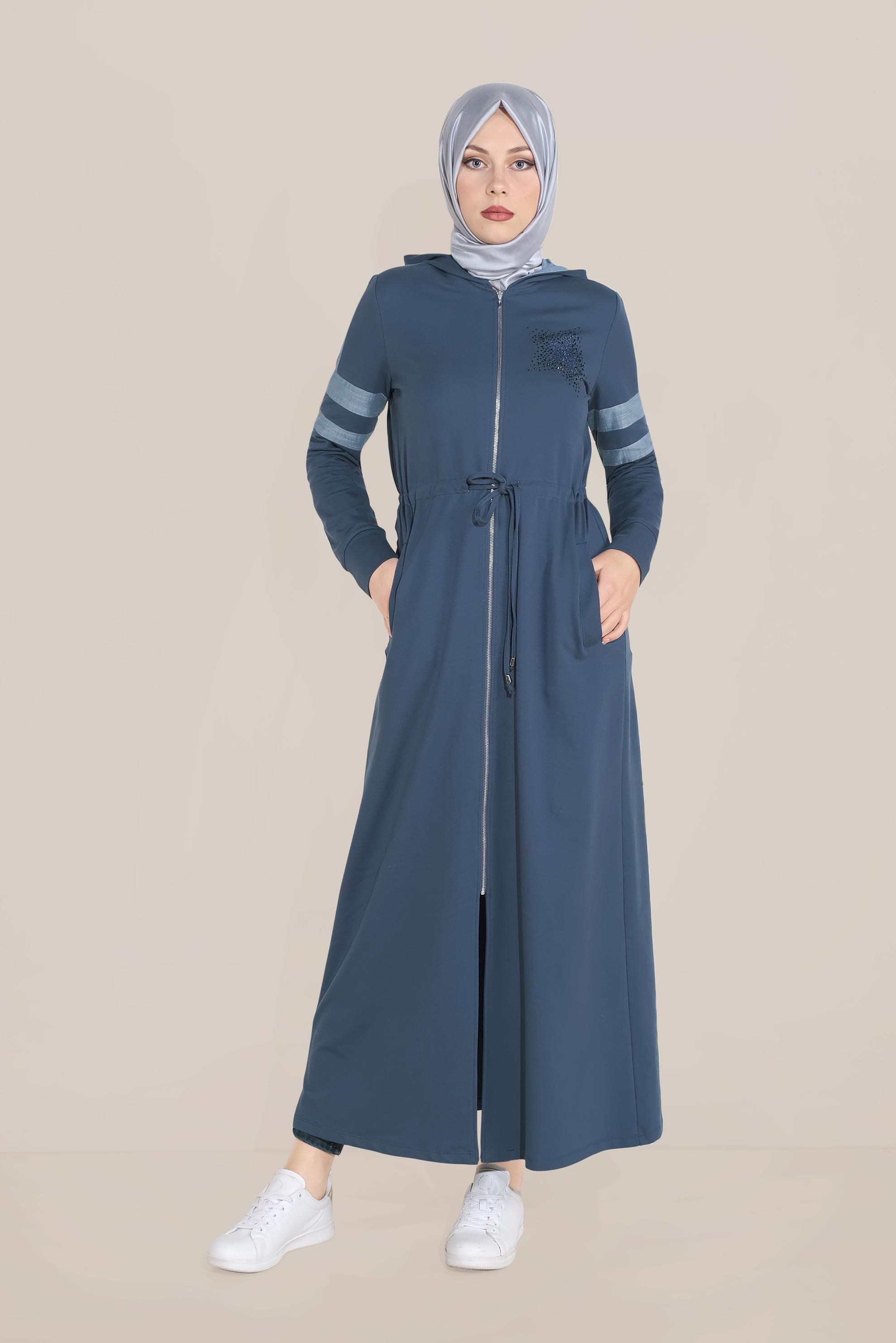 Tesettür giyim LACİVERT PAMUKLU TAŞ BASKILI FERMUARLI EŞOFMAN TUNİK 40606