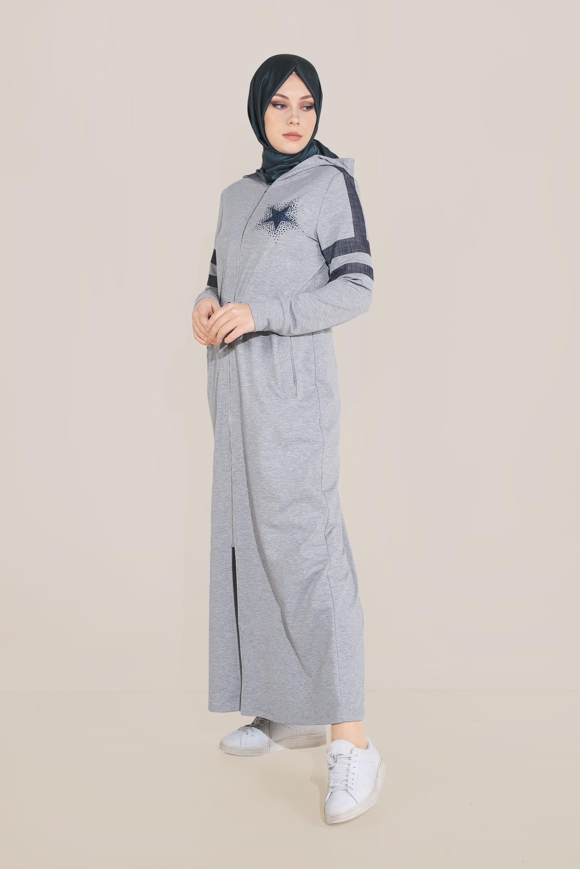 Tesettür giyim GRİ PAMUKLU TAŞ BASKILI FERMUARLI EŞOFMAN TUNİK 40606