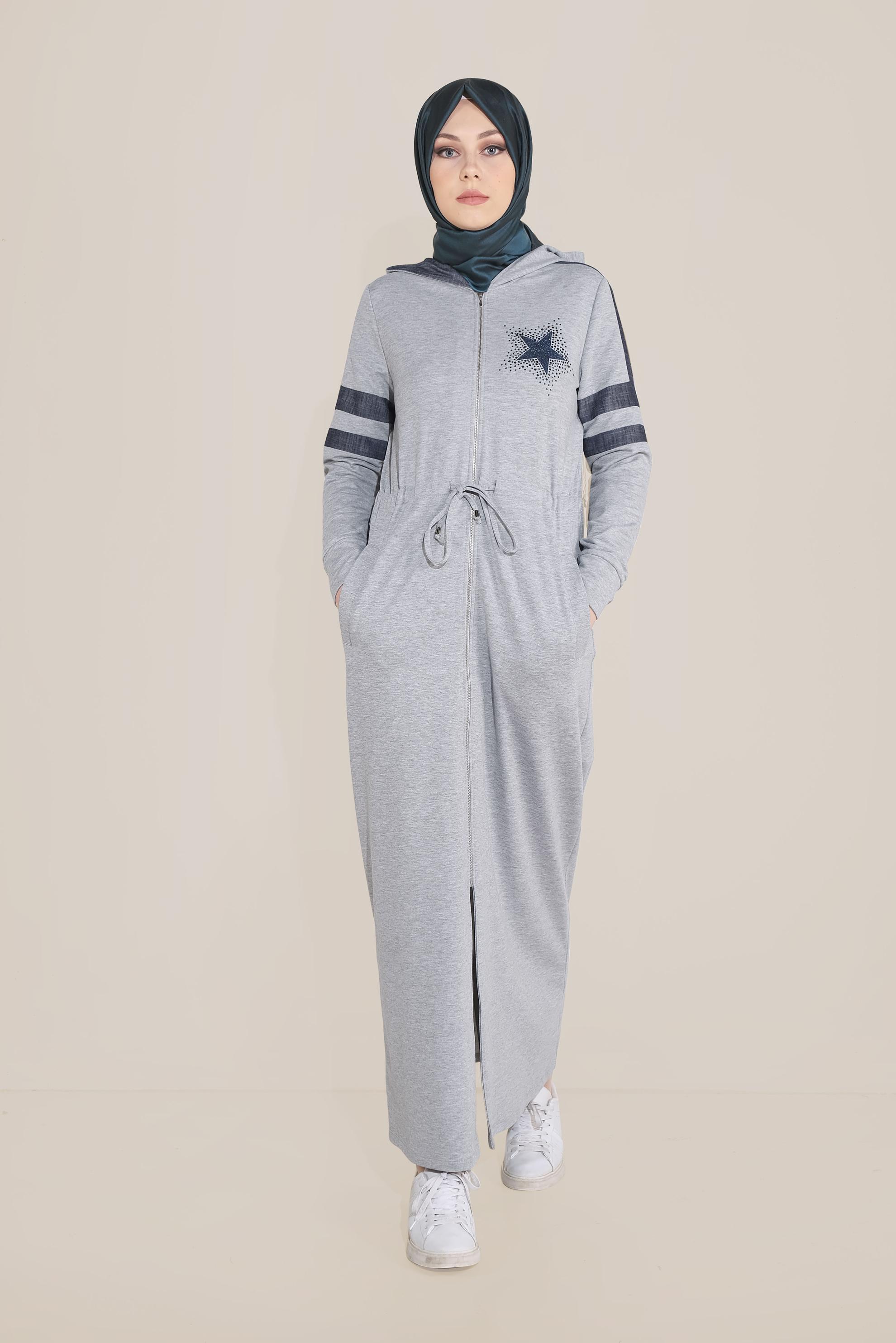 Tesettür giyim GRİ PAMUKLU TAŞ BASKILI FERMUARLI EŞOFMAN TUNİK 40606