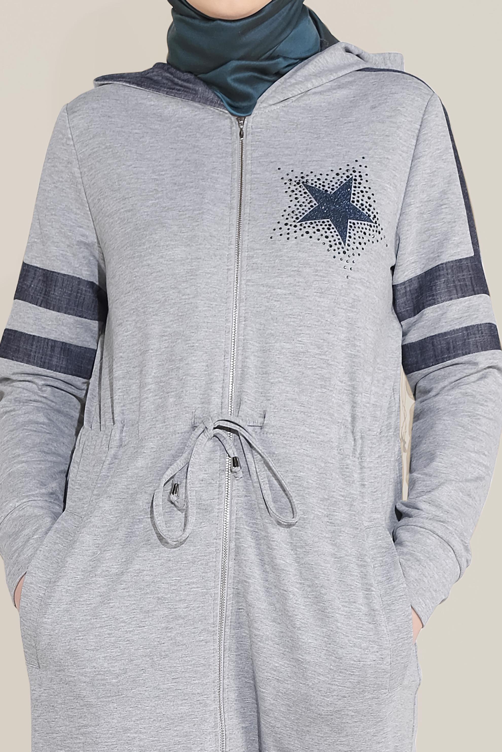 Tesettür giyim GRİ PAMUKLU TAŞ BASKILI FERMUARLI EŞOFMAN TUNİK 40606