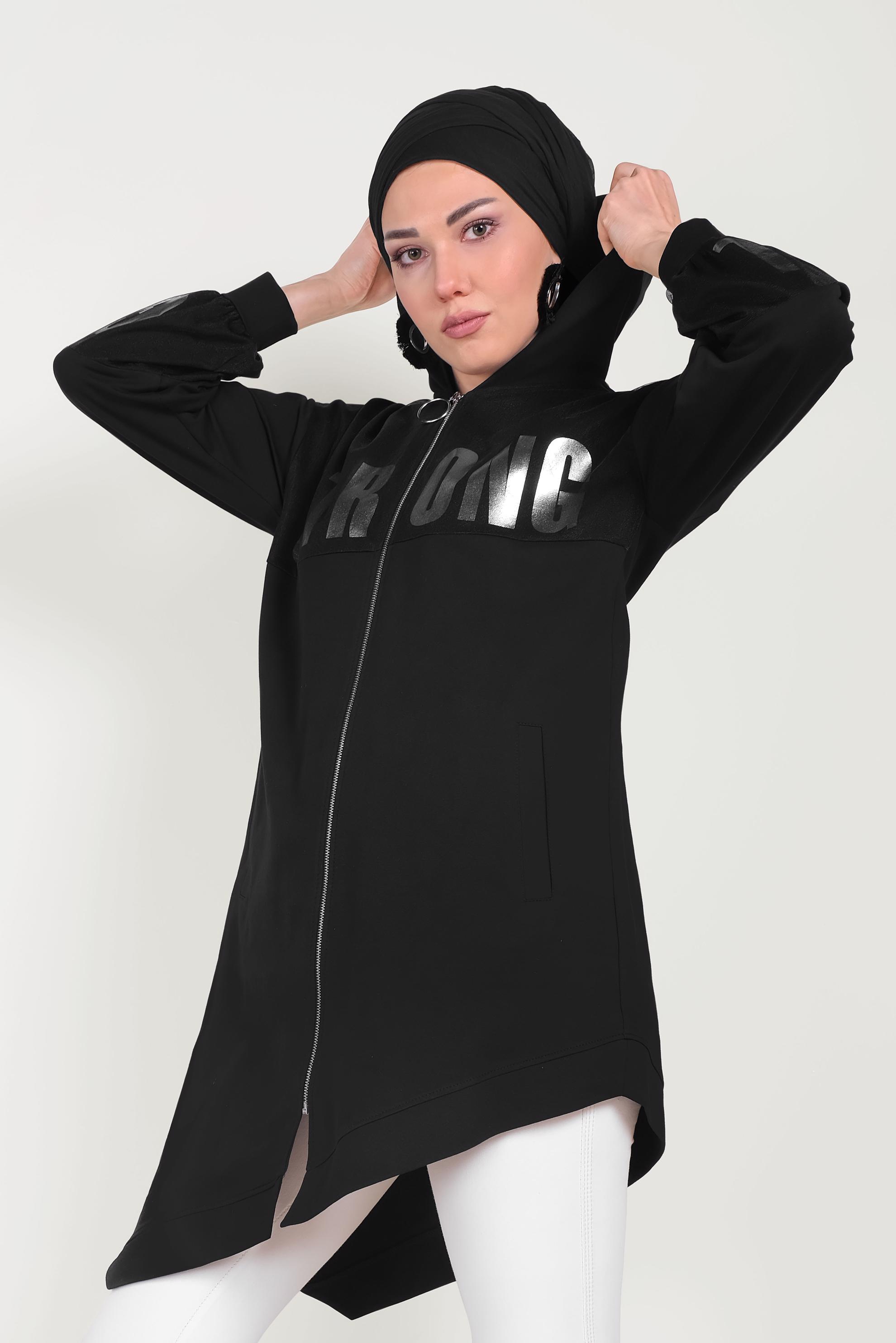 Tesettür giyim SİYAH ASİMETRİK KESİM BASKILI EŞOFMAN TUNİK 40607 