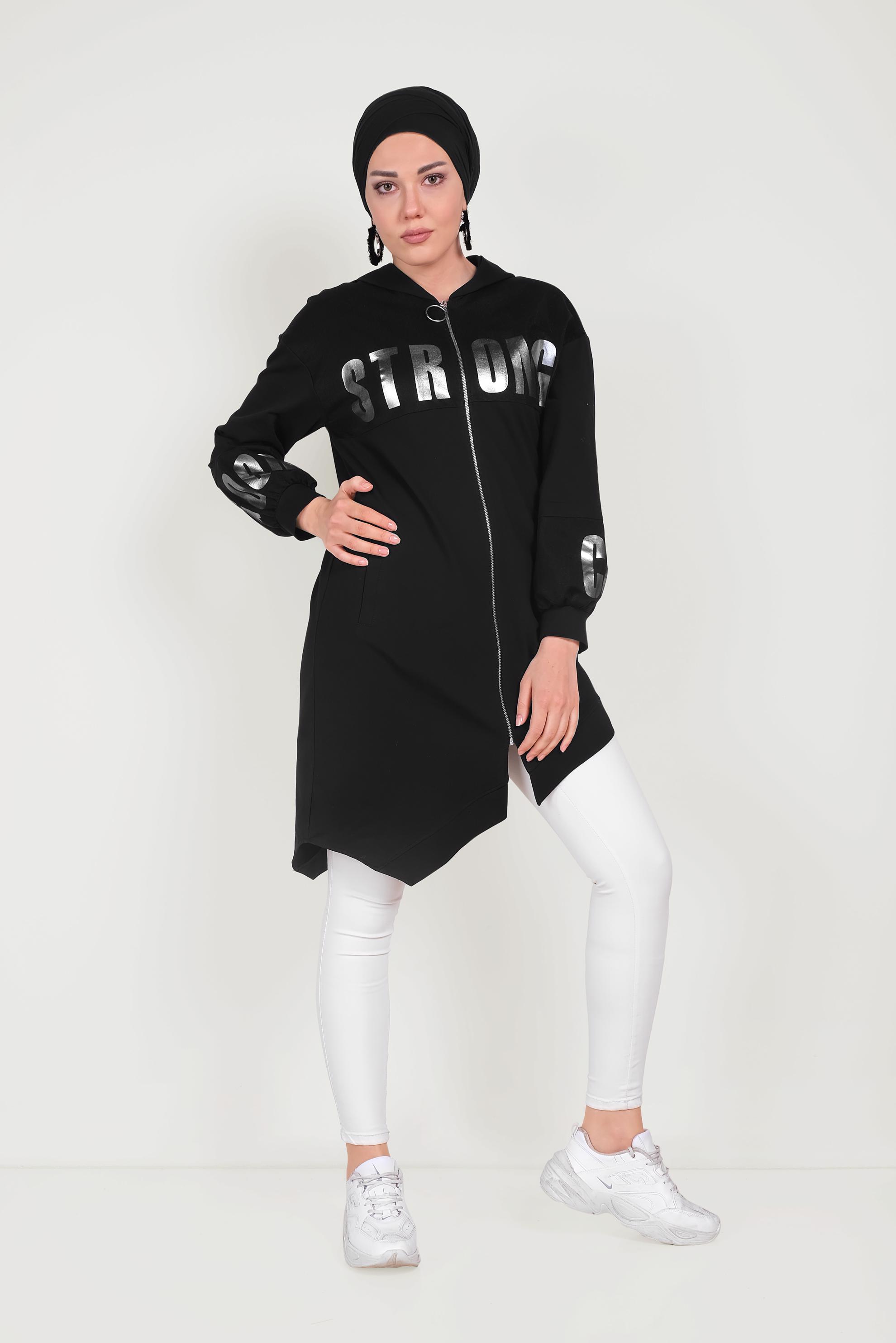 Tesettür giyim SİYAH ASİMETRİK KESİM BASKILI EŞOFMAN TUNİK 40607 