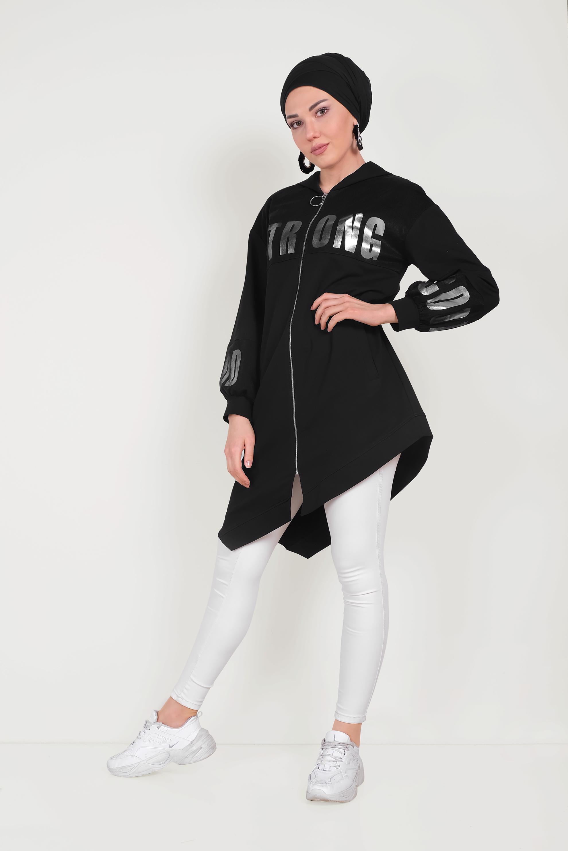 Tesettür giyim SİYAH ASİMETRİK KESİM BASKILI EŞOFMAN TUNİK 40607 