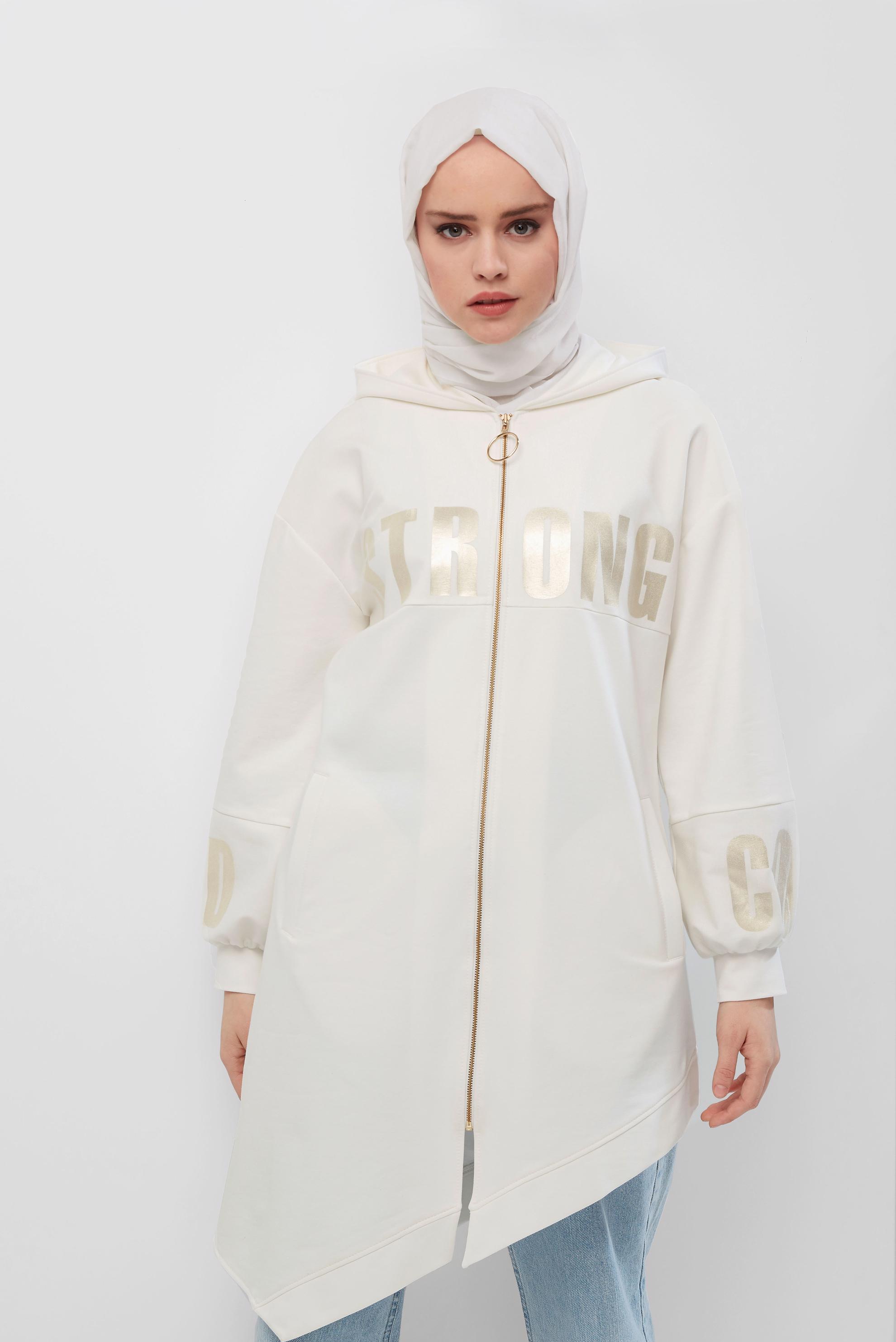 Tesettür giyim BEYAZ ASİMETRİK KESİM BASKILI EŞOFMAN TUNİK 40607 