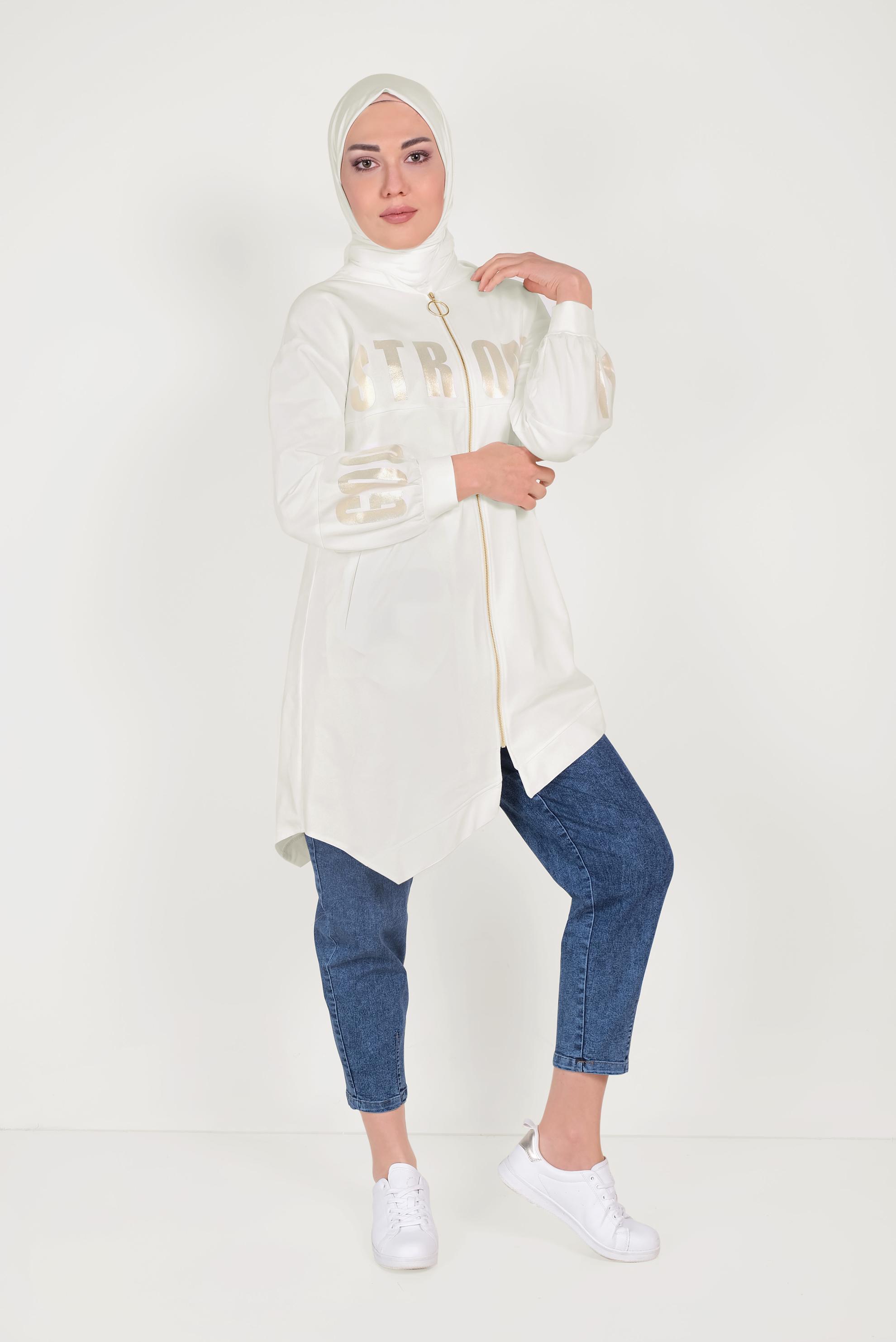 Tesettür giyim BEYAZ ASİMETRİK KESİM BASKILI EŞOFMAN TUNİK 40607 