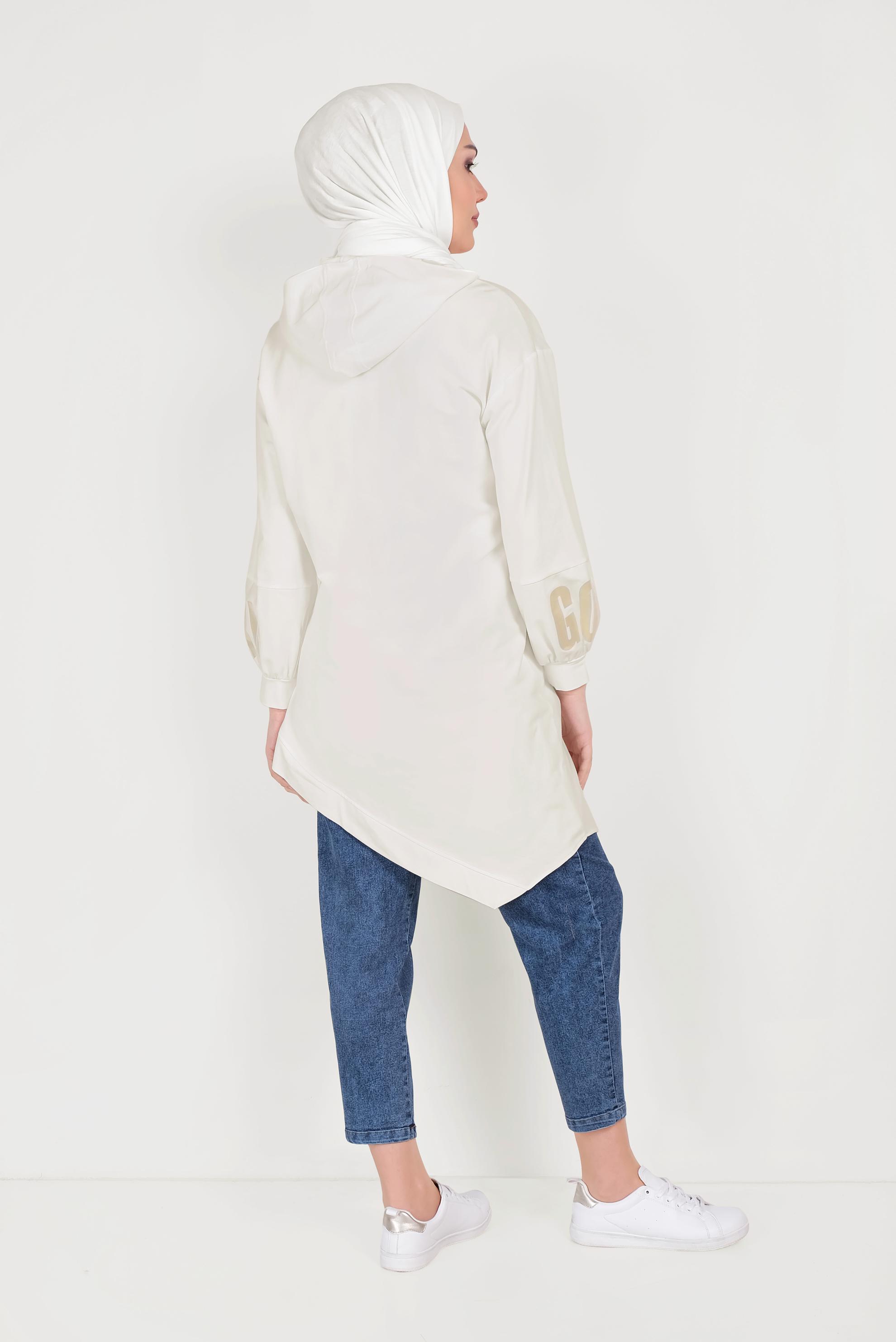 Tesettür giyim BEYAZ ASİMETRİK KESİM BASKILI EŞOFMAN TUNİK 40607 