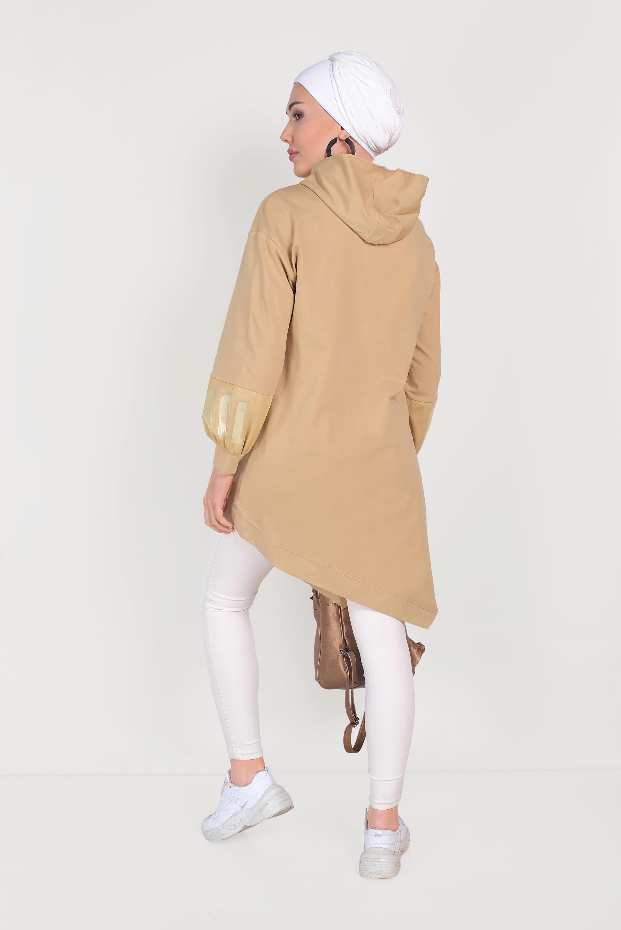 Tesettür giyim KAHVE ASİMETRİK KESİM BASKILI EŞOFMAN TUNİK 40607 