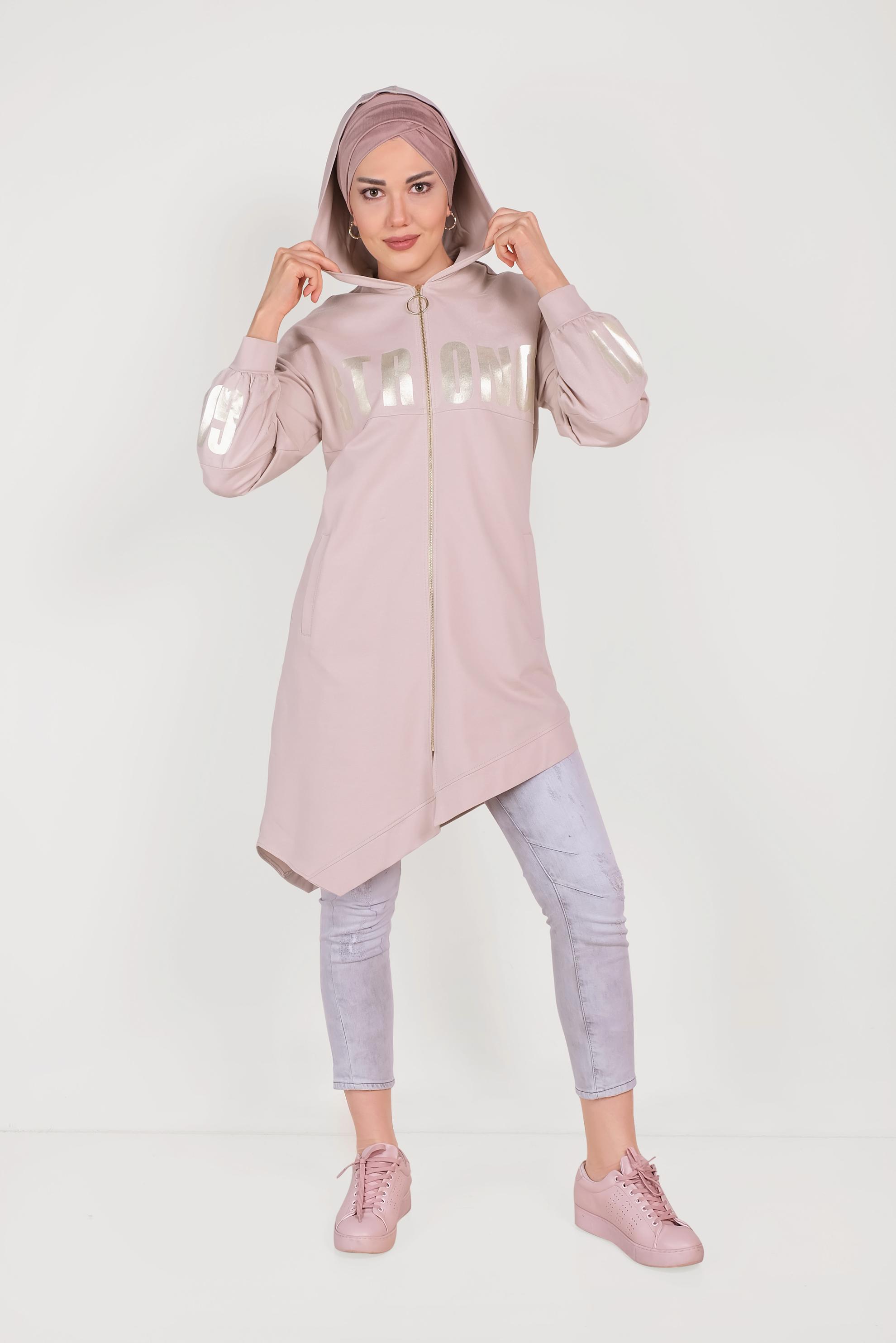 Tesettür giyim PUDRA ASİMETRİK KESİM BASKILI EŞOFMAN TUNİK 40607 