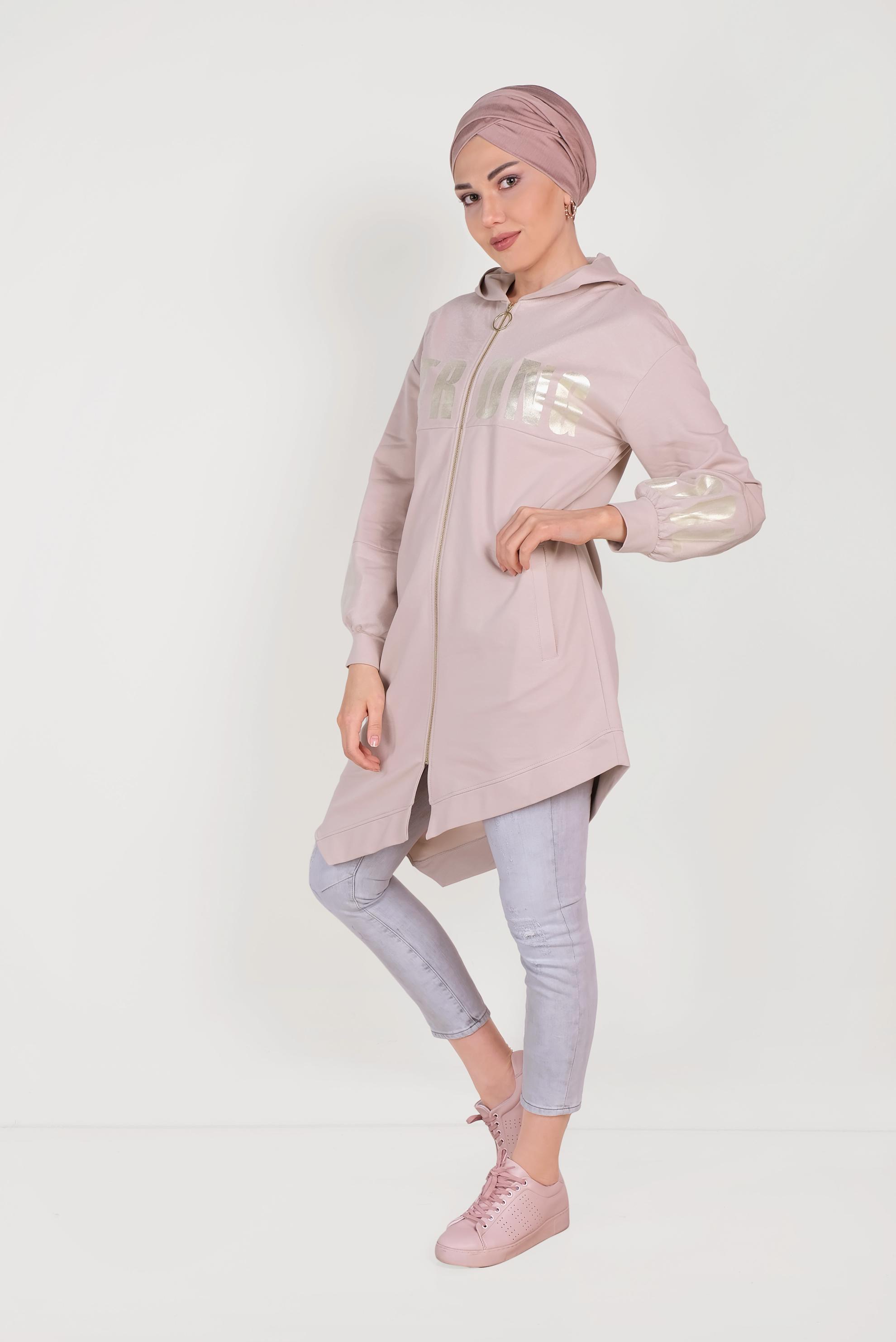 Tesettür giyim PUDRA ASİMETRİK KESİM BASKILI EŞOFMAN TUNİK 40607 